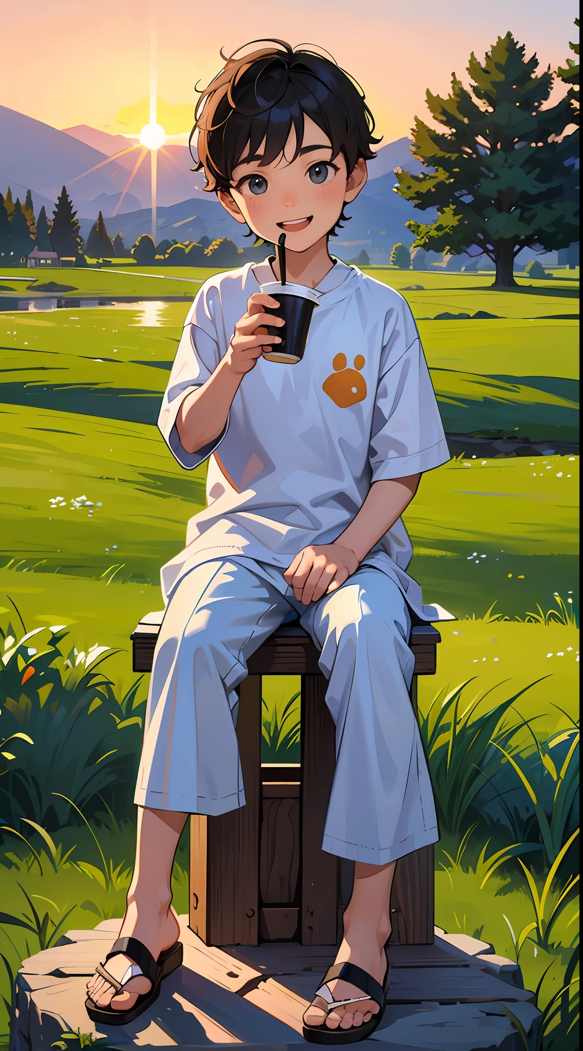 A happy **********，Dressed in casual attire，Wear slippers，Sit on the rocks of the meadow，The background is the village，There is a cute little dog next to it，Sunset and sunset，Boy drinking milk tea，Face the camera，Full body photo，Ultra-high definition