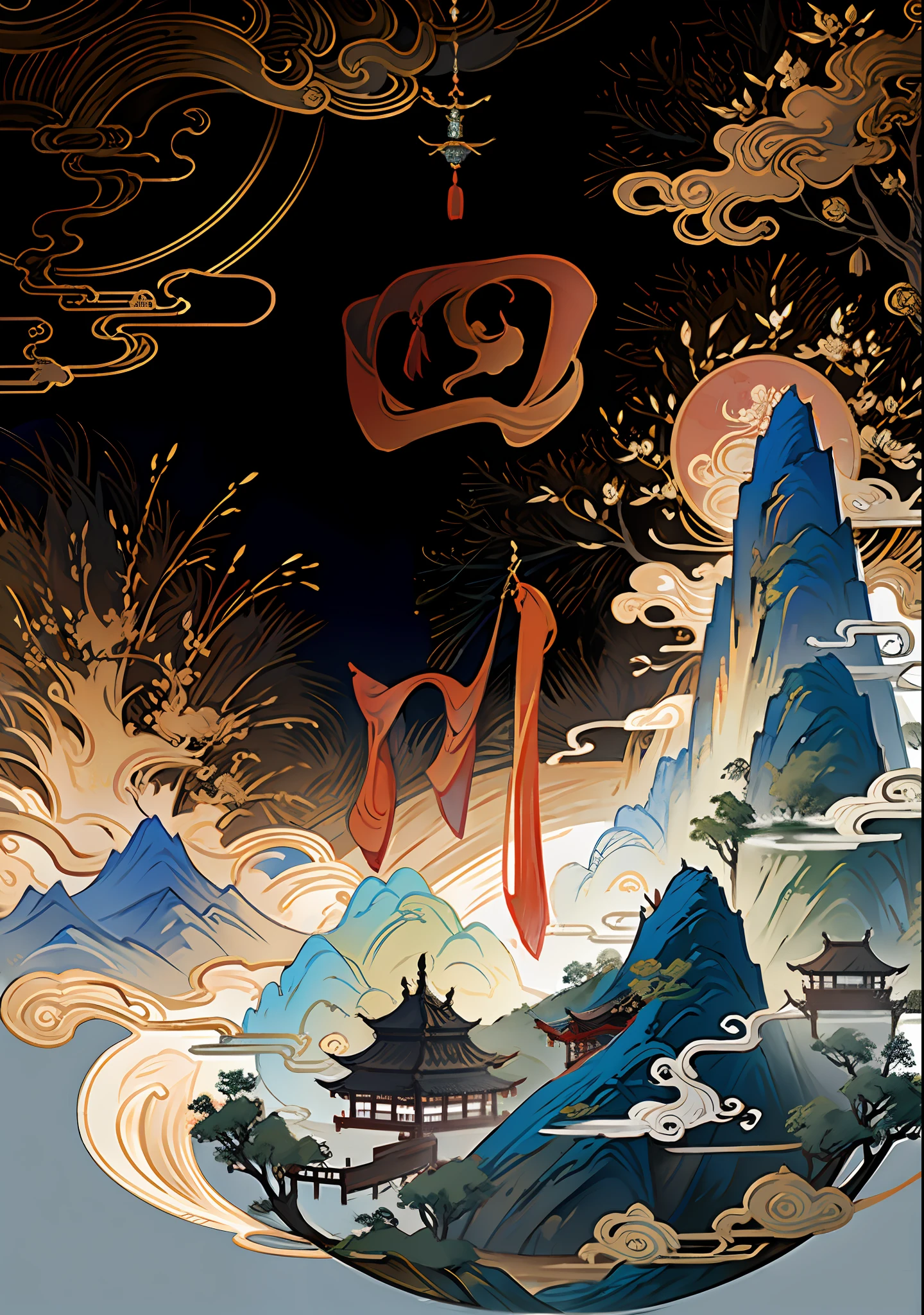 ancient chinese painting, ancient chinese background, mountains, river, auspicious clouds, pavilions, sunlight, masterpiece, super detail, epic composition, ultra hd, high quality, extremely detailed, official art, unified 8k wallpaper, super detail, 32k