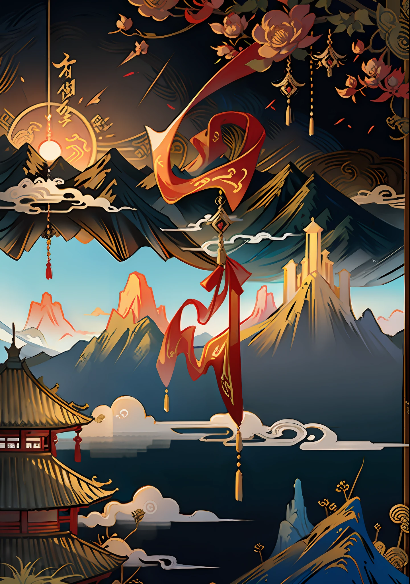 ancient chinese painting, ancient chinese background, mountains, river, auspicious clouds, pavilions, sunlight, masterpiece, super detail, epic composition, ultra hd, high quality, extremely detailed, official art, unified 8k wallpaper, super detail, 32k