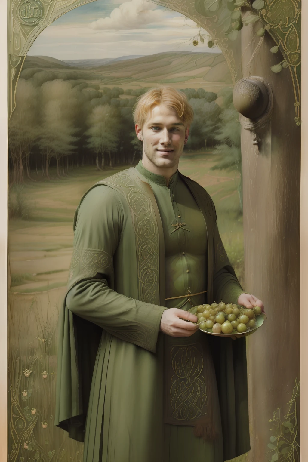 (((Pre-Raphaelite Celtic Painting of Blonde Man's Short Hair, Eat gooseberries in celebration, Groselheira, gosto, Comer, banquete, paisagem celta, Floresta encantada, sorriso)))
