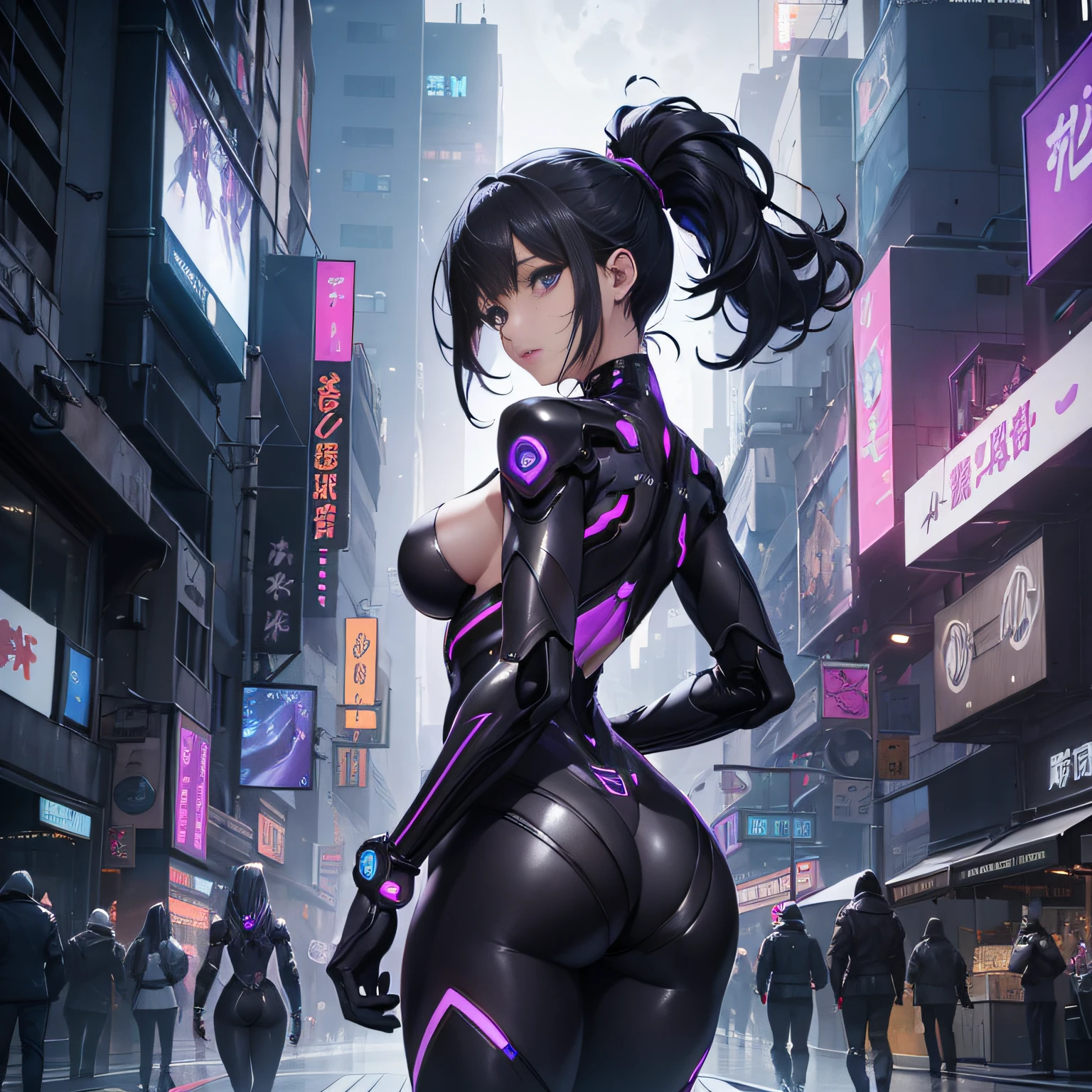 realisitic、tits out、Cyberpunk、cleavage of the breast、Beautifully shaped breasts、Beautiful raw boob shapes、Cyberpunk Girls、Overexposed、Cyber City、Back lighting、a moon、Moon Night、nightcity、((top-quality)), ((masterpiece)), (high-detail:1.3), 3D, Beautiful fece、mechanical suit、Near Future Cyber Suit、Purple Cybersuit、Purple Robot Costume、bustup、Kamimei、machinery suit、Raw feet、legs with exposed skin、Black-grey ponytail、Black silver hair long ponytail、Black silver hair