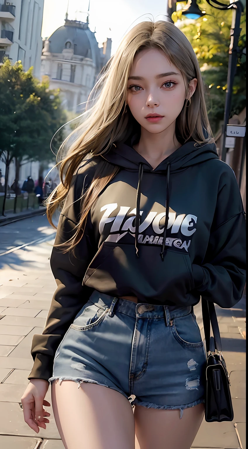 (masterpiece:1.2, best quality), (finely detailed beautiful eyes: 1.2), solo focus, (extremely detailed CG unity 8k wallpaper, masterpiece, best quality, ultra-detailed, best shadow), (detailed background), (beautiful detailed face, beautiful detailed eyes) , 1girl, noona, 1girl, solo, large breasts, (oversized hoodie:1.4), jeans, white shirt, holding handbag, High contrast, beautiful sexy woman, adult, (best illumination, an extremely delicate and beautiful),(simple backround, outdoors), looking at viewer,beautiful detailed glow,