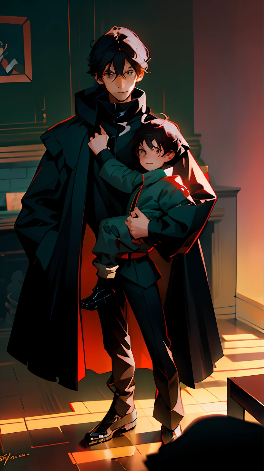 Anime brunette guy about 30 years old in a black coat with his son in his arms. Chest view. Strict gaze and protective posture. My son is 6 . Son smiling. The guy looks sternly. They're in the children's room.