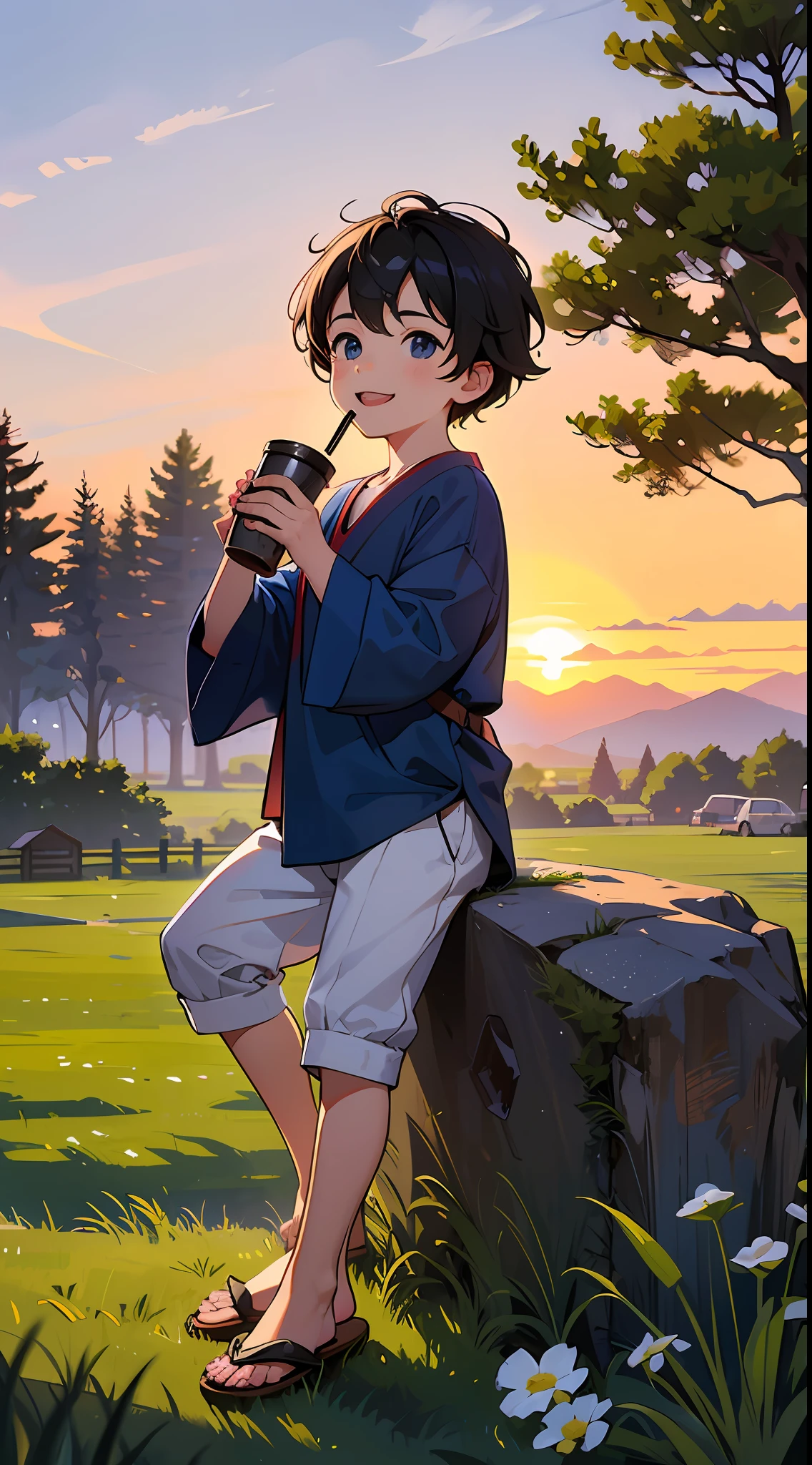 A happy **********，Dressed in casual attire，Wear slippers，Sit on the rocks of the meadow，The background is the village，There is a cute little dog next to it，Sunset and sunset，Boy drinking milk tea，Face the camera，Full body photo，Ultra-high definition