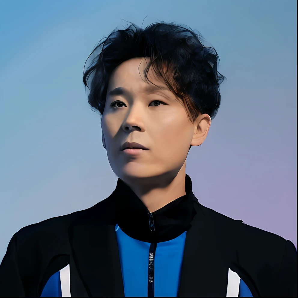 A man in a black jacket and blue shirt poses for a photo,chinese artist,David Tao