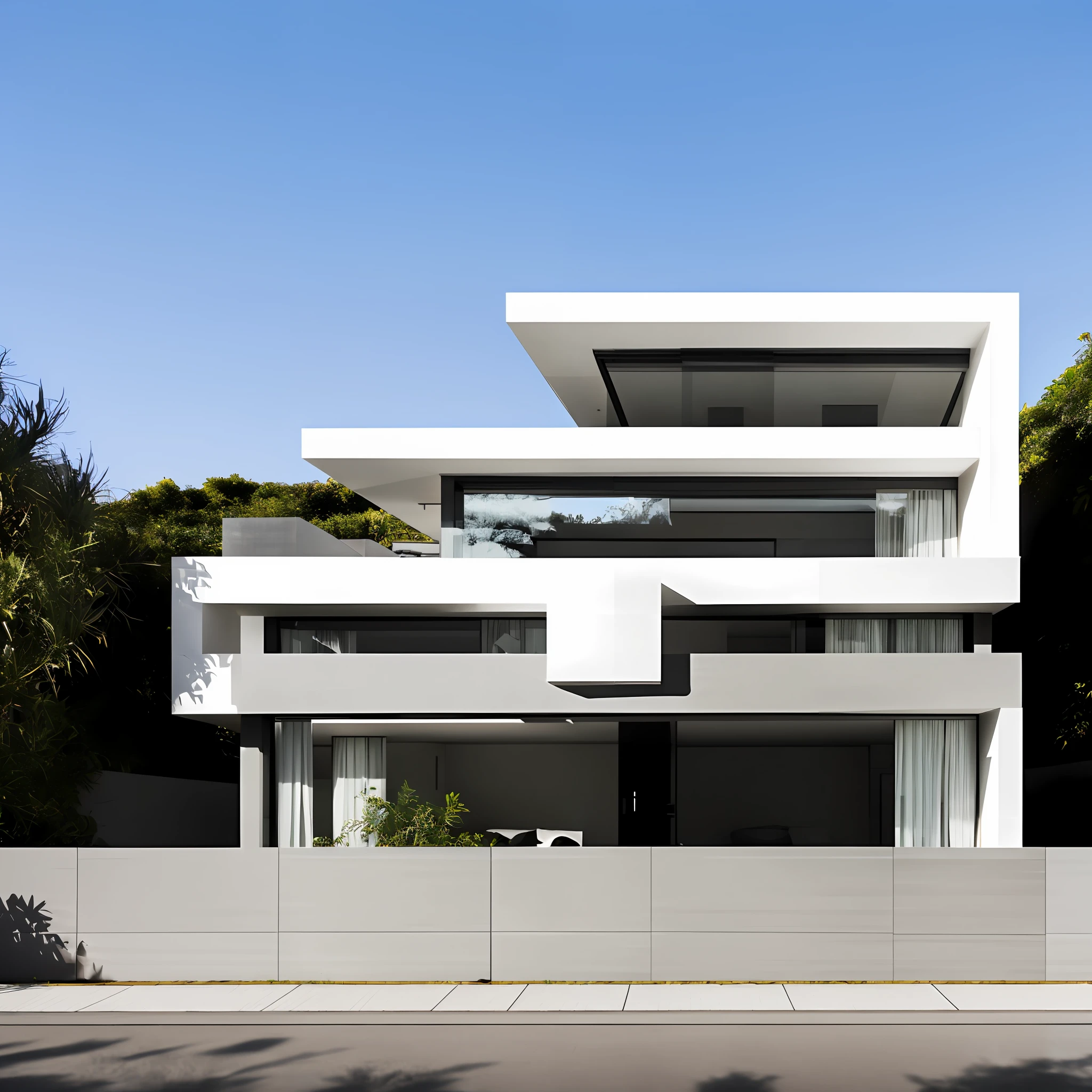 ((obra-prima, melhor qualidade)), 8k, estilo de arquitetura moderna, foto realista, david chipperfield, foto hiperdetalhada, single box, 3D digital rendering of a building, Descreva meticulosamente uma casa moderna de arquitetura minimalista, characterized by the presence of few and strategically placed windows. Localizada em uma rua cercada por imponentes muros altos, The house is an example of architectural realism, with every detail – from the textures of building materials to the reflections of passing cars – being minutely represented