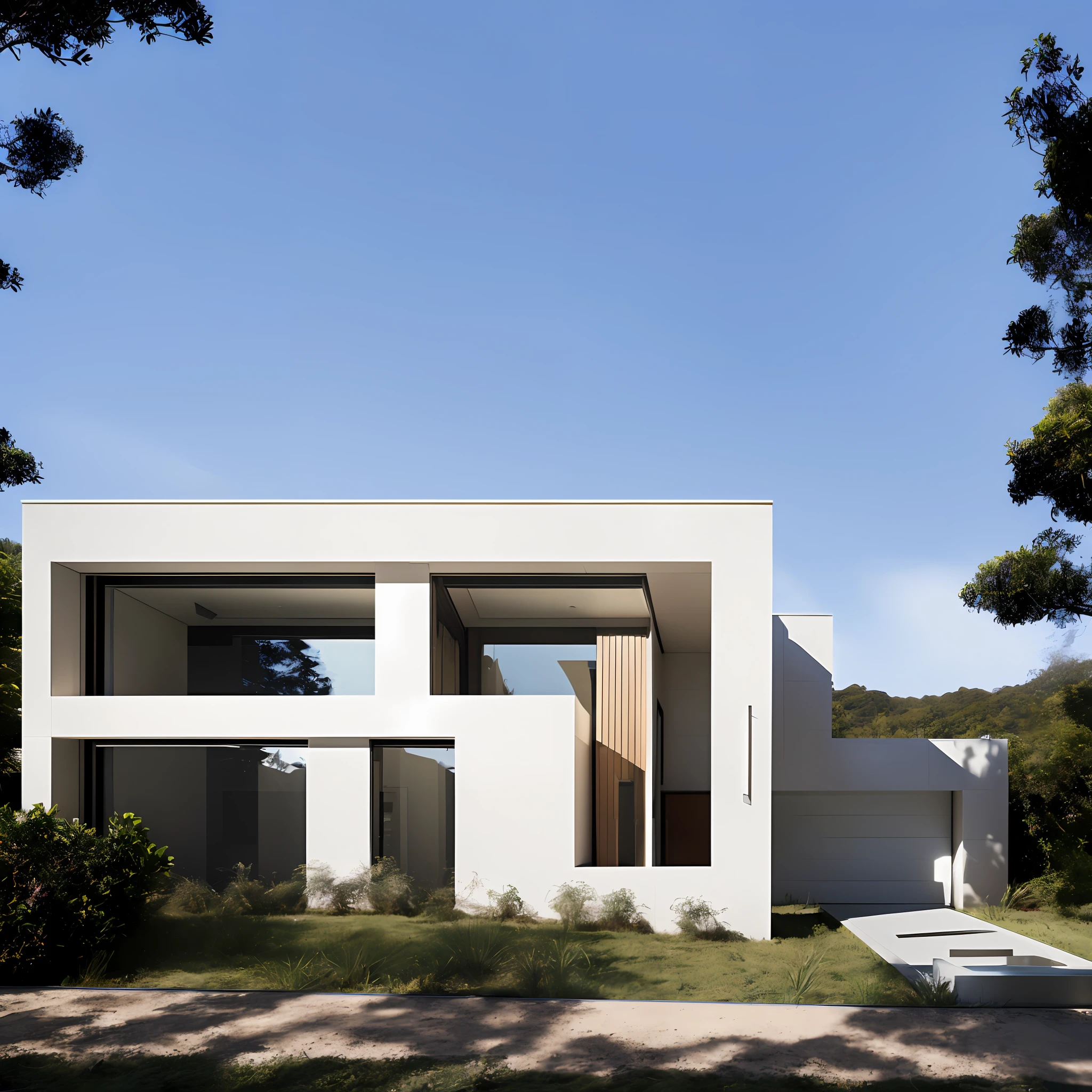 ((obra-prima, melhor qualidade)), 8k, estilo de arquitetura moderna, foto realista, david chipperfield, foto hiperdetalhada, single box, 3D digital rendering of a building, Descreva meticulosamente uma casa moderna de arquitetura minimalista, characterized by the presence of few and strategically placed windows. Localizada em uma rua cercada por imponentes muros altos, The house is an example of architectural realism, with every detail – from the textures of building materials to the reflections of passing cars – being minutely represented