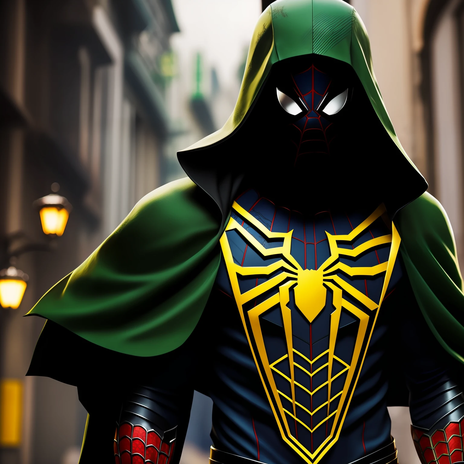 spider-man、Green suit、high detal、Golden decoration、hoods、spikes、Black Gloves、Pattern、Near future、Soio、Black eyes、​masterpiece、top-quality、Matador style、Mexican feeling、Hats