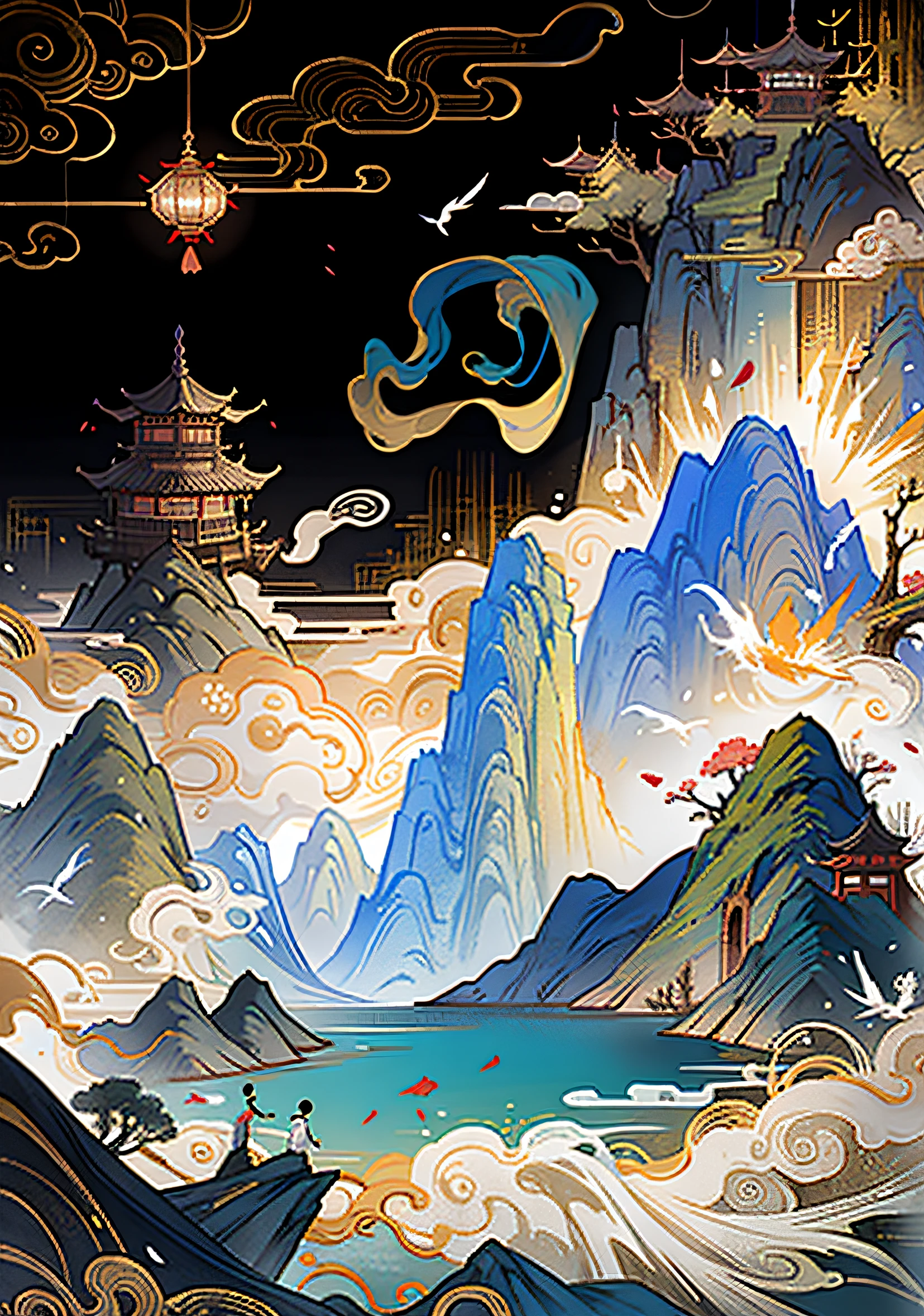 ancient chinese painting, ancient chinese background, mountains, river, auspicious clouds, pavilions, sunlight, masterpiece, super detail, epic composition, ultra hd, high quality, extremely detailed, official art, unified 8k wallpaper, super detail, 32k