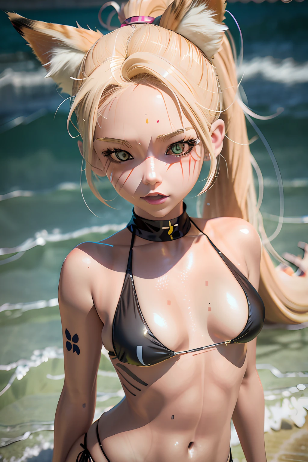 Blonde woman in bikini，There are cat ears on the head, Loish et WLOP, Guviz-style artwork, hyper realistic anime, IG model | Art germ, realistic bikini, photorealistic anime girl rendering, 3 d anime realistic, anime realism style, Photorealistic anime, Deviantart ArtStation CGSCOSIETY, wlop glossy skin