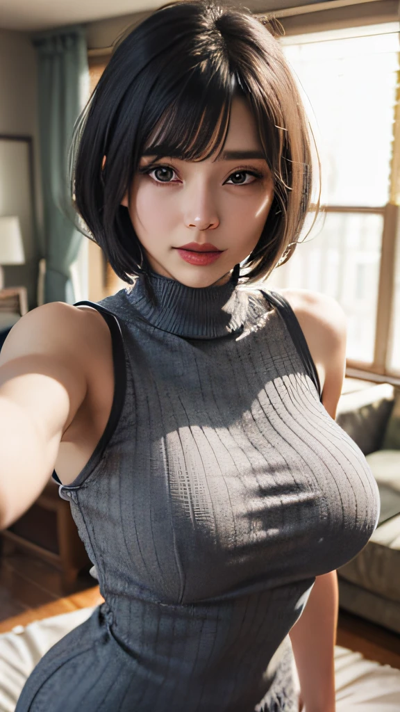 ((Realistic light, Best quality, 8k, Masterpiece :1.3)), Selfie, 1girl, Pretty woman with perfect figure :1.4, abs :1.1, (short straight black hair with bangs, Huge breasts :1.5), turtleneck sweaterdress ress :1.2, Bed, Ultra-detailed face, Detailed eyes, Double eyelid, perfect hands perfect fingers perfect breasts perfect hair perfect face perfect body perfect composition, at home relaxing, in living room, mansion, expensive home, big expensive tv, expensive couch, detailed background, ray tracing, unreal engine, highest resolution hyperrealism