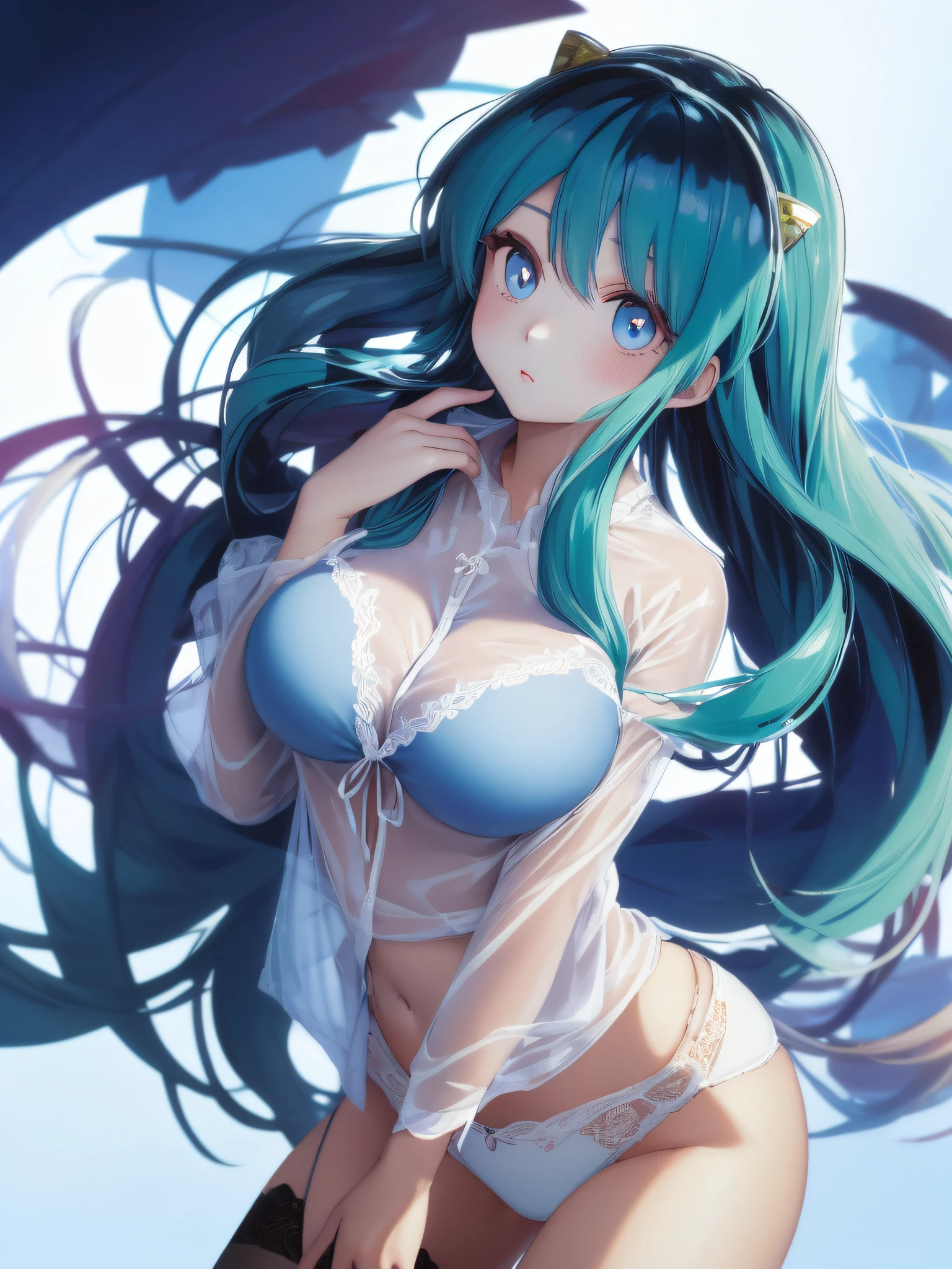 (One lady)、(​masterpiece)、(best qualtiy)、(ultra-detailliert)、(a high chroma)、((tre anatomically correct))、(CG Illustration)、highcontrast、low angles、urusei yatsura、Ram-chan、red blush、[Demon horn:-1.3]、(Sky Blue Eyeshadow)、(Fine and beautiful eyes)、Delicate beautiful face、Ram hairstyle、((dishevled hair))、(( Kantai Collection Style))、See-through shirt、White panties、(Buruma)、(Black stockings)、(beutiful breast :1.3)、teats 、((The best lighting))、Float inside、Hold the sword、simple background