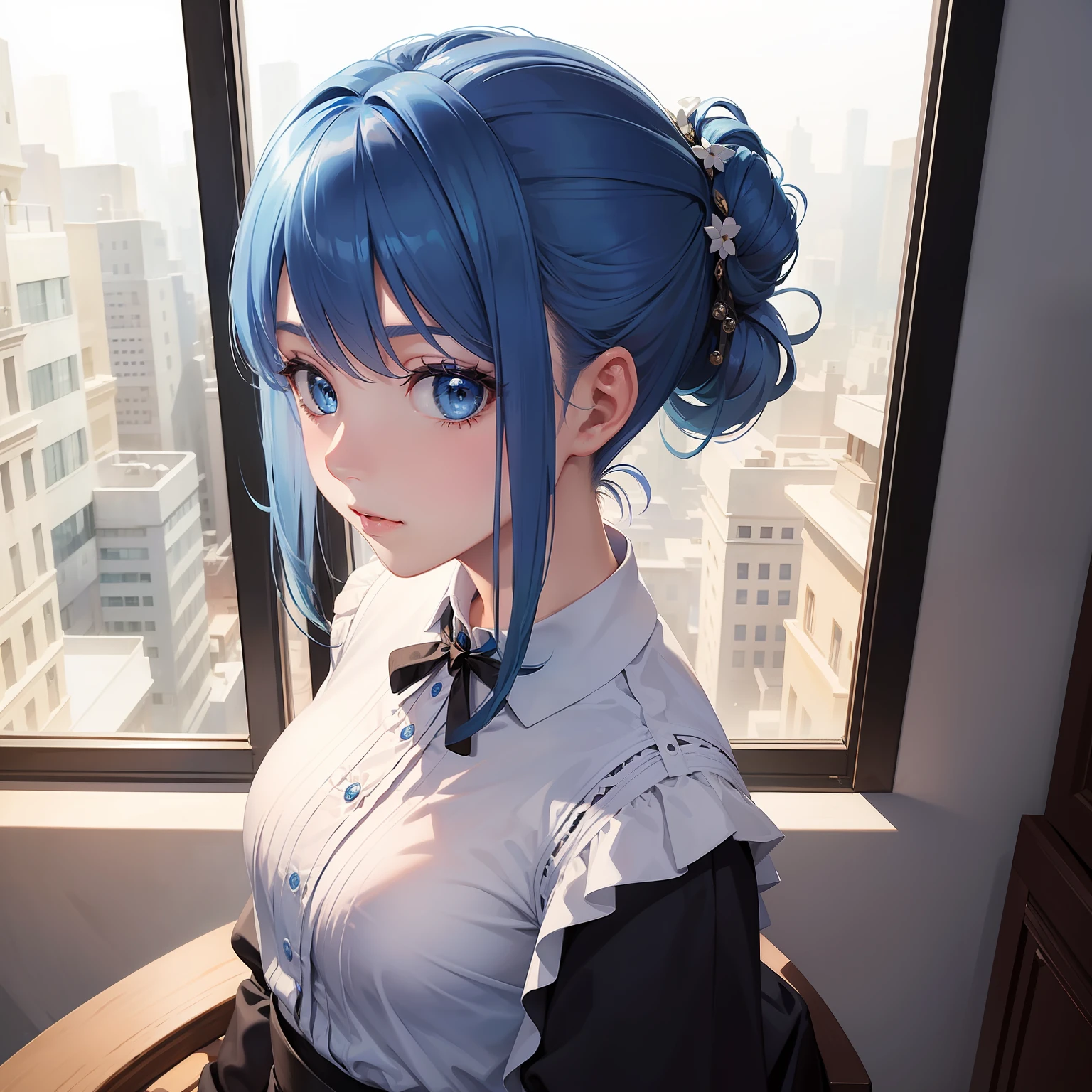 ((masterpiece)), (best quality), (detailed), (1girl), blue hair, blue eyes, updo, white shirt, black dress, looking down on the audience