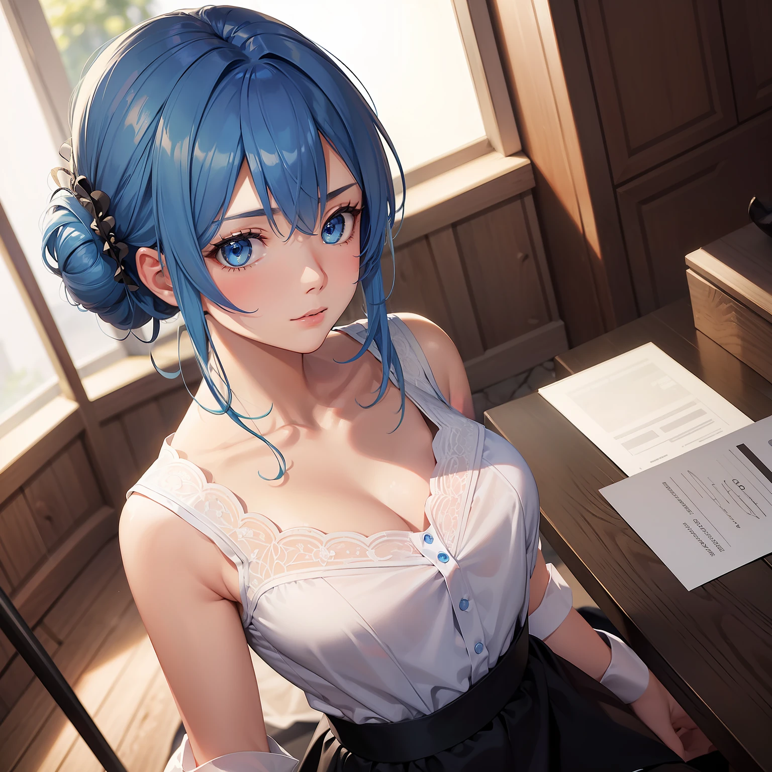 ((masterpiece)), (best quality), (detailed), (1girl), blue hair, blue eyes, updo, white shirt, black dress, looking down on the audience