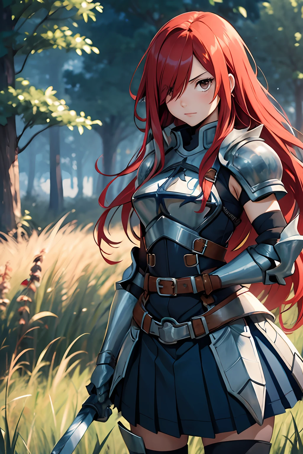 masterpiece, best quality, highres, fairy tail, 1girl, long hair, red hair, brown eyes, armor, shoulder armor, gauntlets, breastplate, armored dress, belt, pleated skirt, blue skirt, hair over one eye, field, grass, standing, cowboy shot, holding weapon, sword,