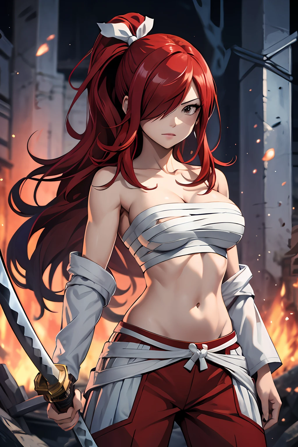 masterpiece, best quality, highres, fairy tail, 1girl, long hair, red hair, ponytail, white ribbon, hair over one eye, brown eyes, large breasts, collarbone, chest sarashi, bandage, bare arms, midriff, red hakama, red pants, standing, holding weapon, sword, katana, outdoors,