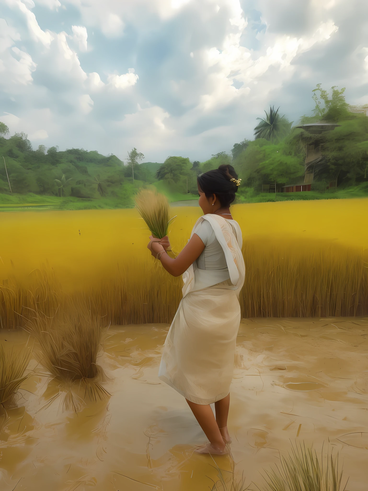 there is a woman that is standing in the mud, villagers busy farming, assamese aesthetic, malaysia with a paddy field, single bangla farmer fighting, wearing bihu dress mekhela sador, assamese, paddy fields and river flowing, rice paddies, kerala motifs, she is walking on a river, girl walking in wheat field, in a field