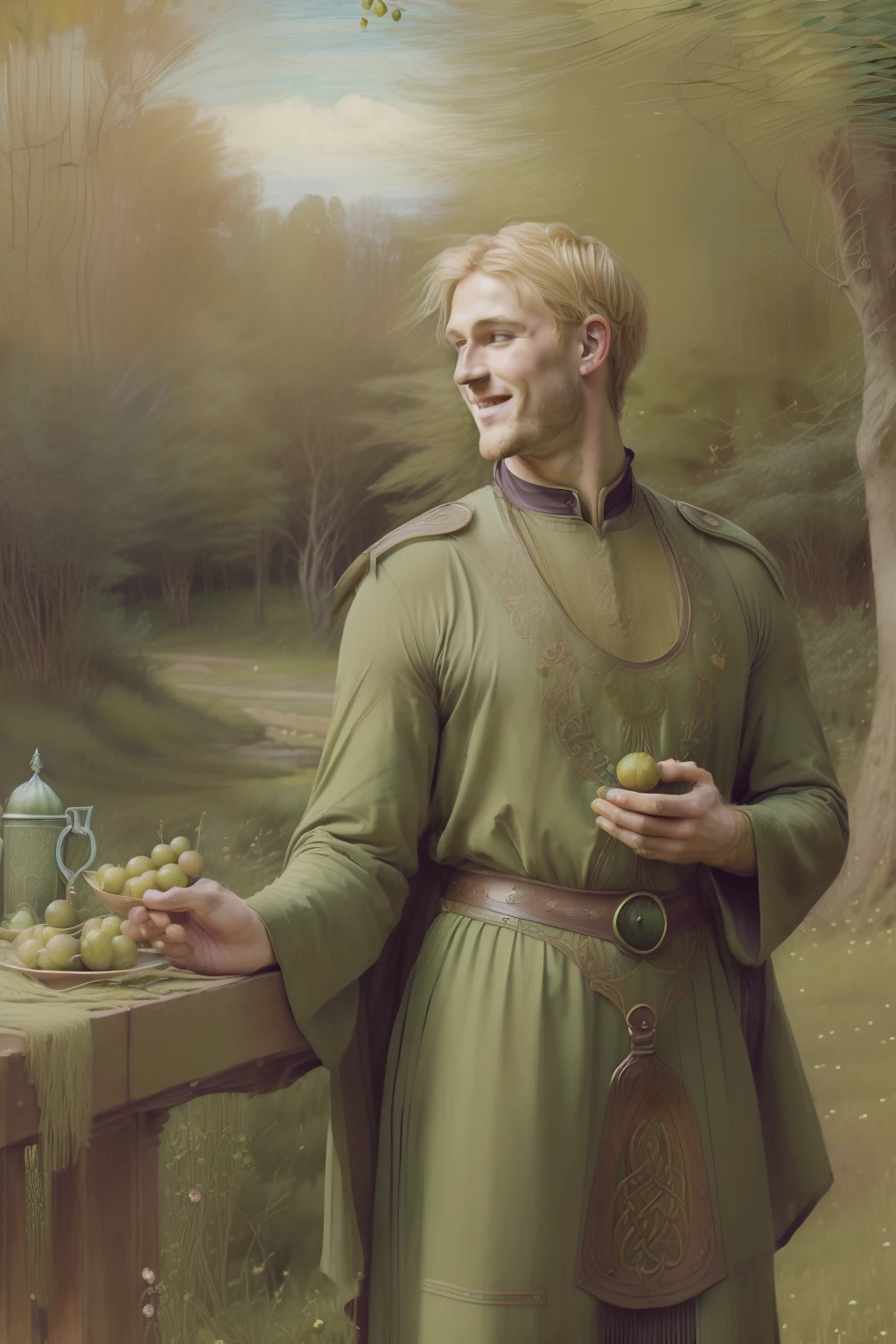 (((Pre-Raphaelite Celtic Painting of Blonde Man's Short Hair, Eat gooseberries in celebration, Groselheira, gosto, Comer, banquete, paisagem celta, Floresta encantada, sorriso)))