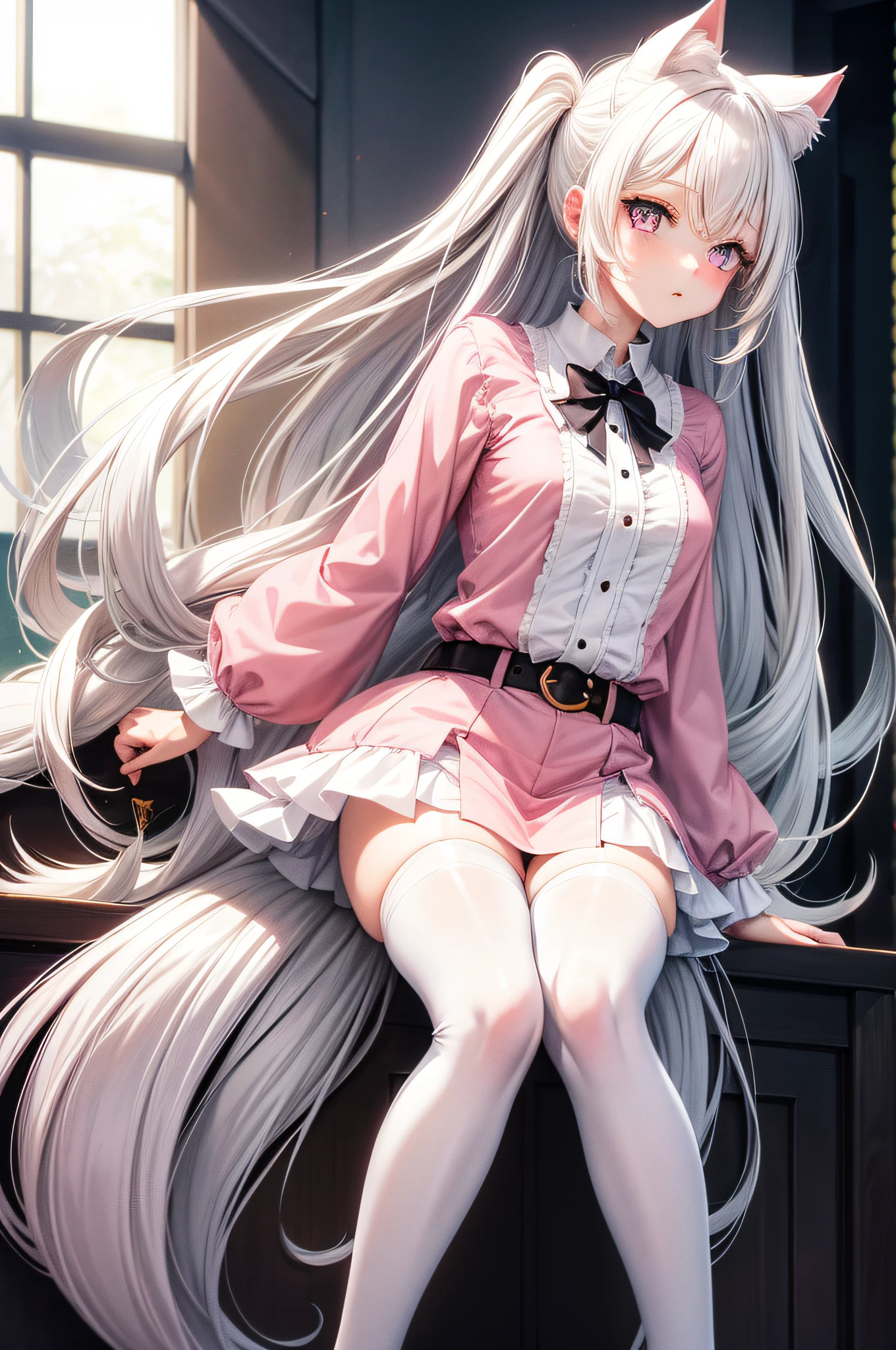 long  white hair，female pervert，White cat ears，Pale pink eyes，Pink shirt，white stockings