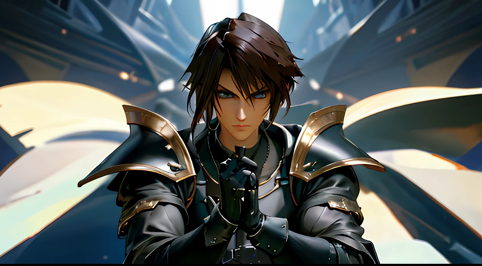 squall, black armor, full gauntlets, dark black full armor, dark fantasy, hair blowing in the wind, incomparable masterpiece, 8k uhd, perfect art, beautiful face, beautiful eyes, precise hands, dramatic lighting, ray tracing, symmetrical eyes