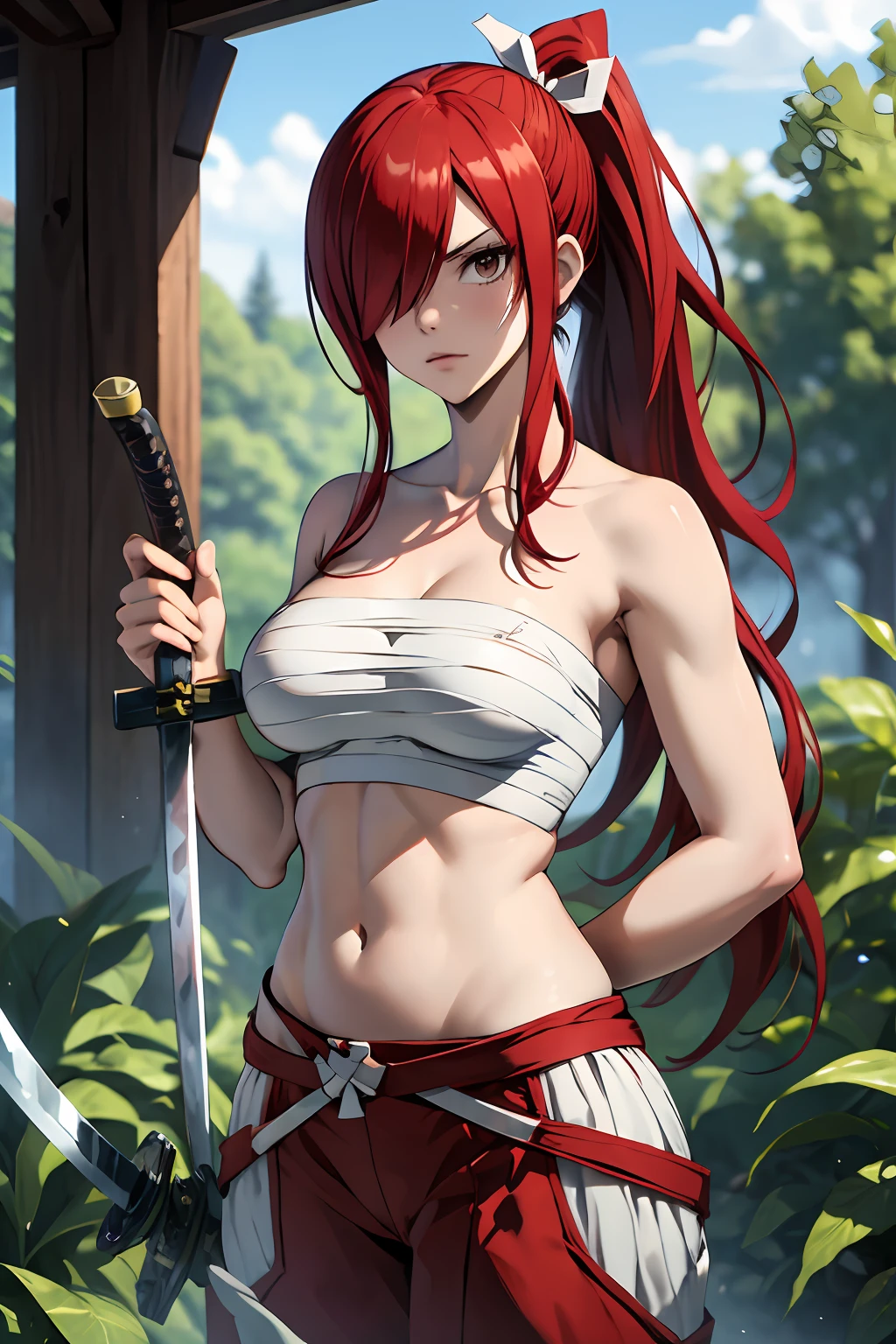 masterpiece, best quality, highres, fairy tail, 1girl, long hair, red hair, ponytail, white ribbon, hair over one eye, brown eyes, large breasts, collarbone, chest sarashi, bandage, bare arms, midriff, red hakama, red pants, standing, holding weapon, sword, katana, outdoors,