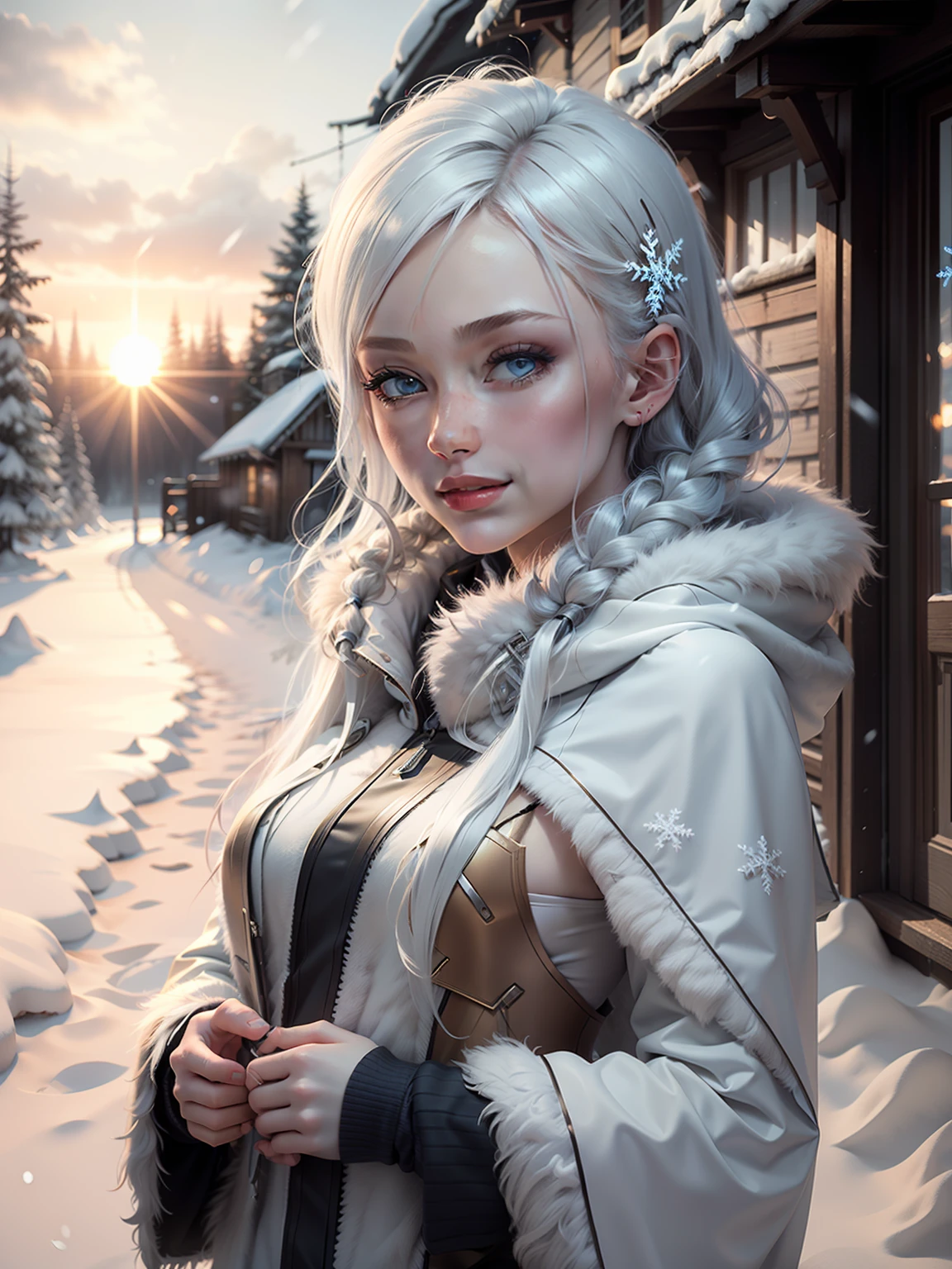 survivalist beautiful slim girl, in a snowy landscape, wearing a fur cloak, beautiful girl, masterpiece, detailed, 4k, anatomically correct, snowflake, white hair, smile, long hair, shiny hair, shiny eyes, expressive hair, bloom, sunset, bloom, ray tracing, blue eyes