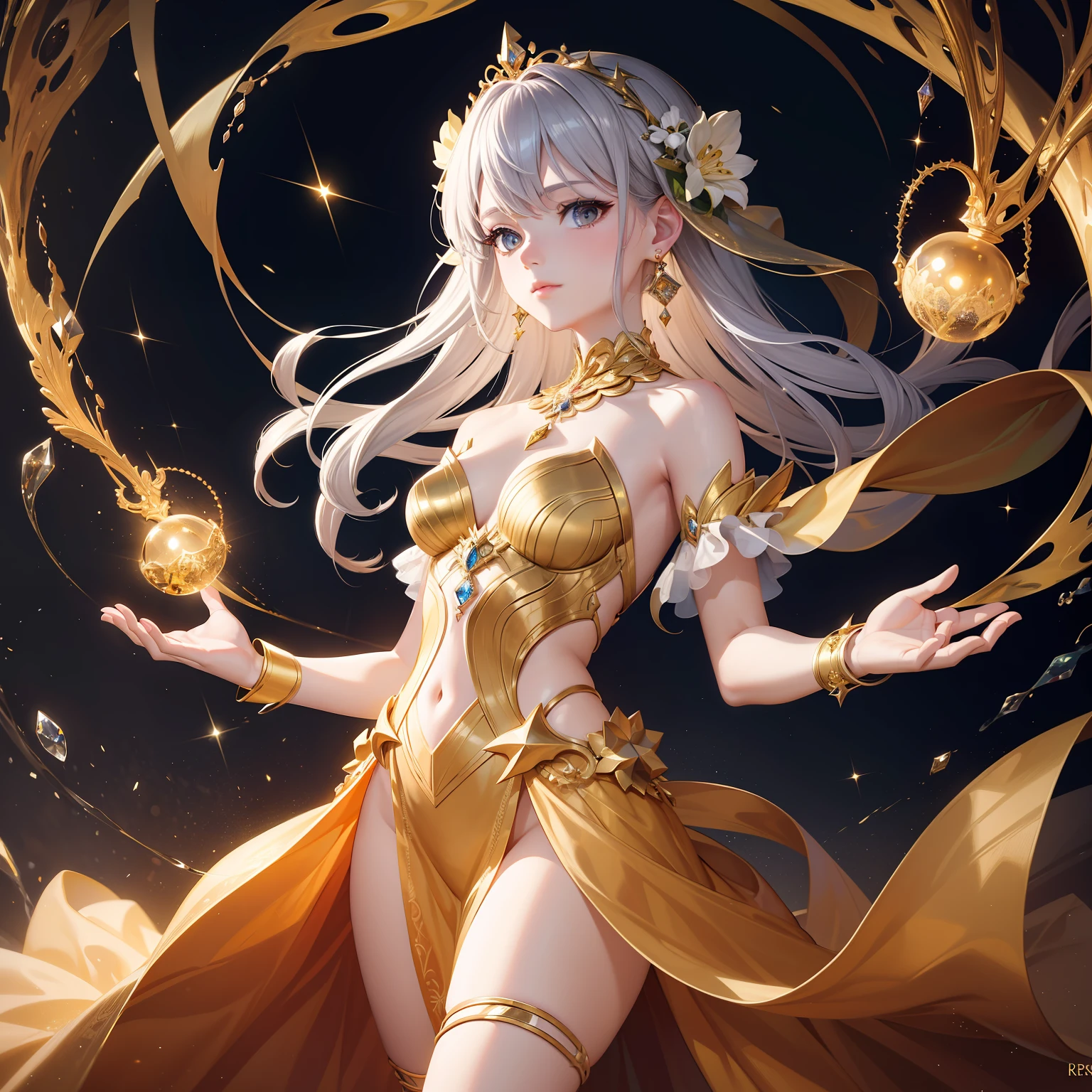 Masterpiece, 4k wallpaper, Cinematic light, absurderes, protrait 1girl, amber hair, Silver earrings, (little crystal floating:0.6), Crystal floats, particle glowing, Dreamy gold costume,