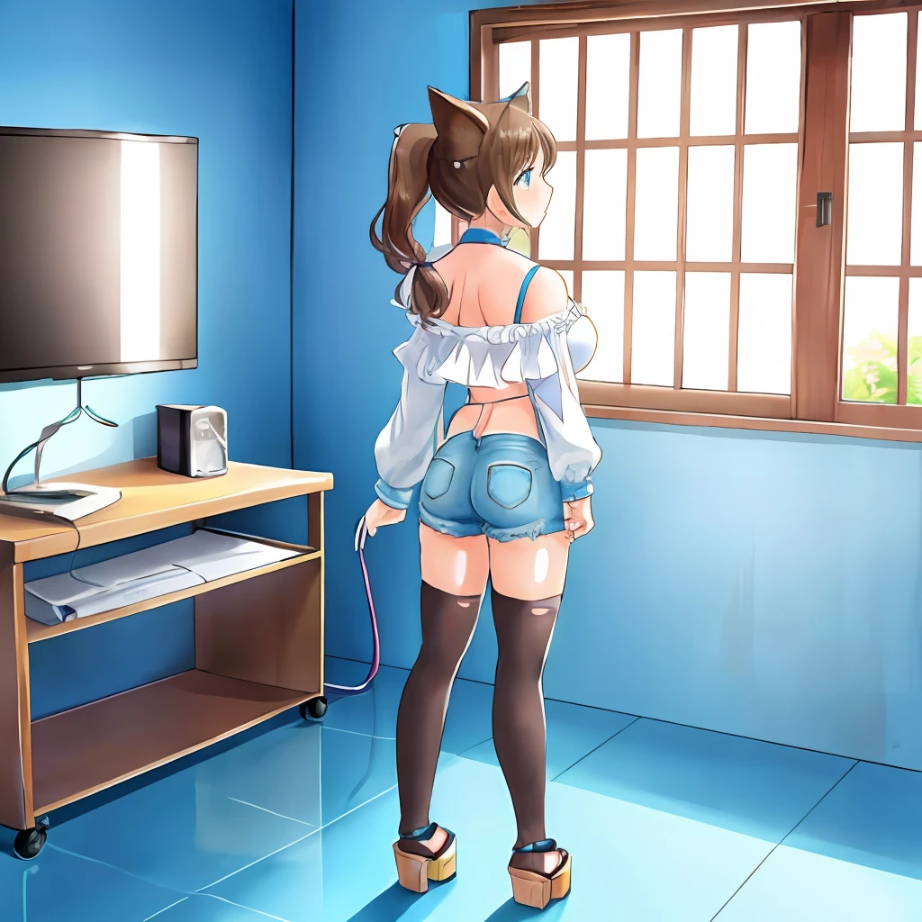 (Highly detailed CG Unity 8k wallpaper), (Best Quality), (Super Detail), (Best Illustration), (Best Shadow), POV, Realistic lighting and shading, Natural light, Lens flare effect, BREAK, Beauty 1 person, Solo,(Cute:1.5),(Chibi:0.8), (kawaii:1.5),(Lori:0.5), BREAK, (17 years old girl), Very detailed, colourfull, highest details, BREAK, (Huge breasts: 1. 2,), Clear skin, Beautiful skin, Shy skin, 1 beautiful girl, Brown hair, (Cat ears, Ponytail, medium-Long hair: 1. 2), (Light blue eyes, long eyelashes, Double eyelids: 1. 2), Solo, gleaming skin, BREAK,(Torn tights, Denim shorts, and chunky platform sandals:1.2), (:C:1.2), (star-shaped earring:1.1), (Lace headband:1.0), (Cute back:1.3), BREAK, (is standing,Slouched:1.3), (Full body,Angle from the front,Cowboy Shot:1.1), BREAK, (Interview room,:1.8) Made of stone,(supermarket:1.2)