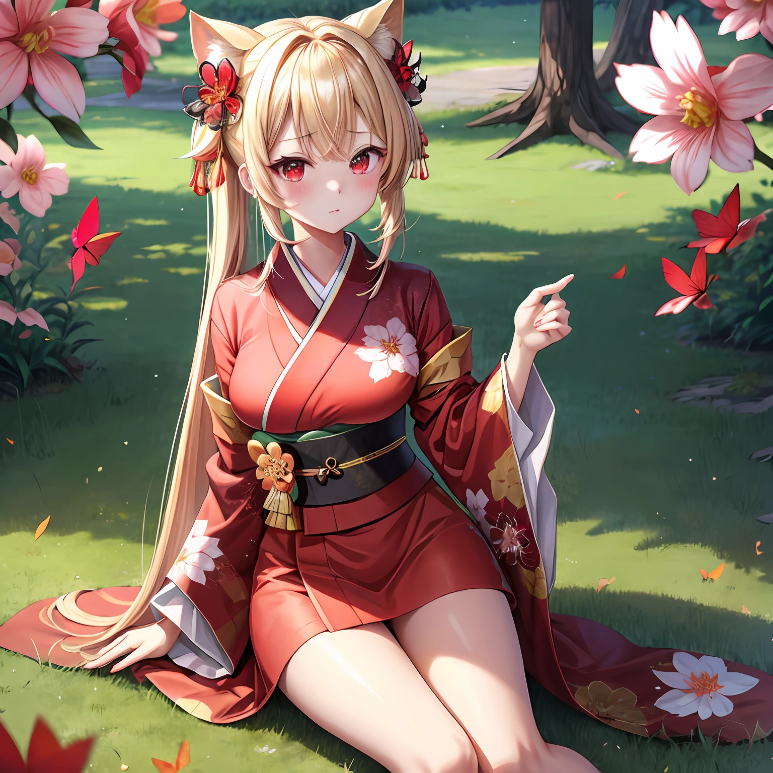a blond、Hair is up、red eyes、One pretty girl、独奏、animesque、dark colored kimono、flower field、butterflys、A sexy、red blush