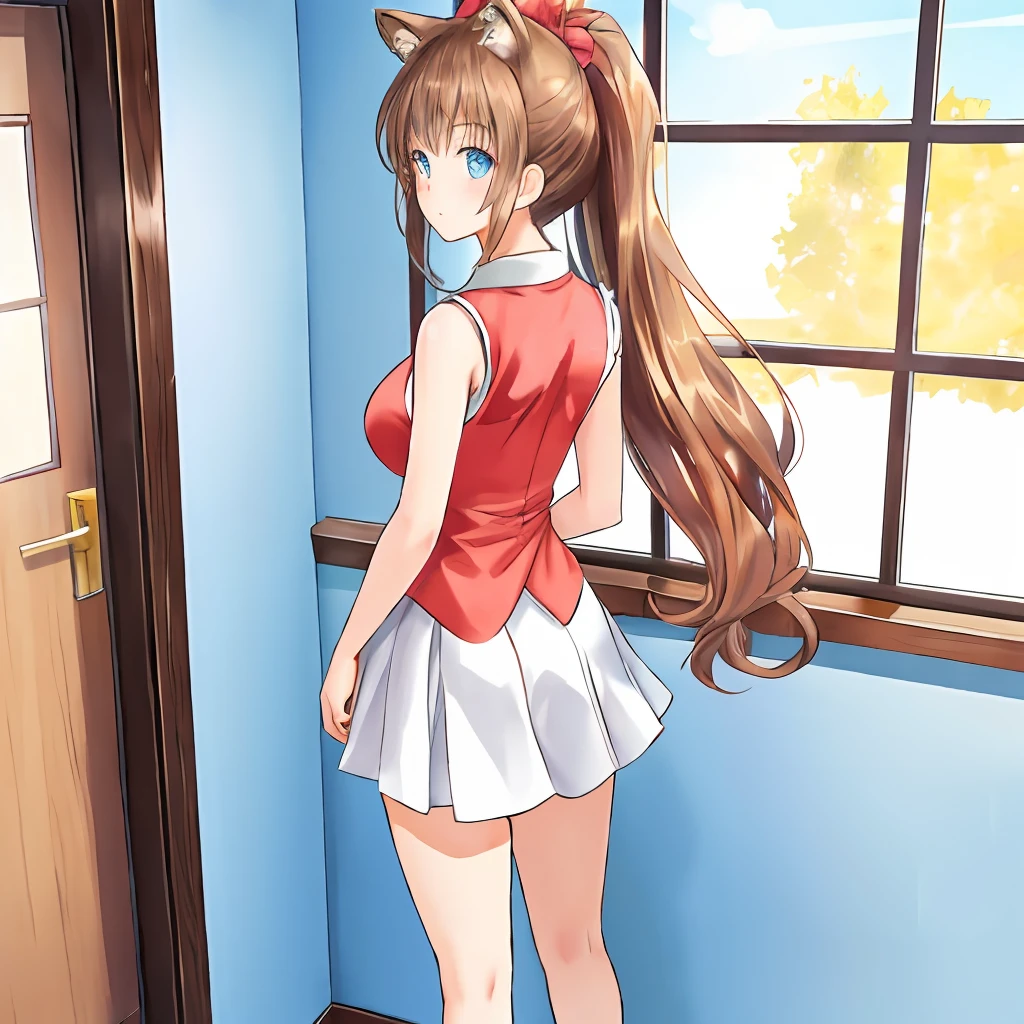 (Highly detailed CG Unity 8k wallpaper), (Best Quality), (Super Detail), (Best Illustration), (Best Shadow), POV, Realistic lighting and shading, Natural light, Lens flare effect, BREAK, Beauty 1 person, Solo,(Cute:1.5),(Chibi:0.8), (kawaii:1.5),(Lori:0.5), BREAK, ( years olirl), Very detailed, colourfull, highest details, BREAK, (Huge breasts: 1. 2,), Clear skin, Beautiful skin, Shy skin, 1 beautiful girl, Brown hair, (Cat ears, Ponytail, medium-Long hair: 1. 2), (Light blue eyes, long eyelashes, Double eyelids: 1. 2), Solo, gleaming skin, BREAK,(skirt by the,a miniskirt,Beige skirt:1.2), (Sleeveless, sleeveless shirts, Red Shirt:1.2), (star-shaped earring:1.1), (Lace headband:1.0), (Cute back:1.3), BREAK, (is standing,Slouched:1.3), (Full body,Angle from the front,Cowboy Shot:1.1), BREAK, (Interview room,:1.8) Made of stone,(supermarket:1.2)