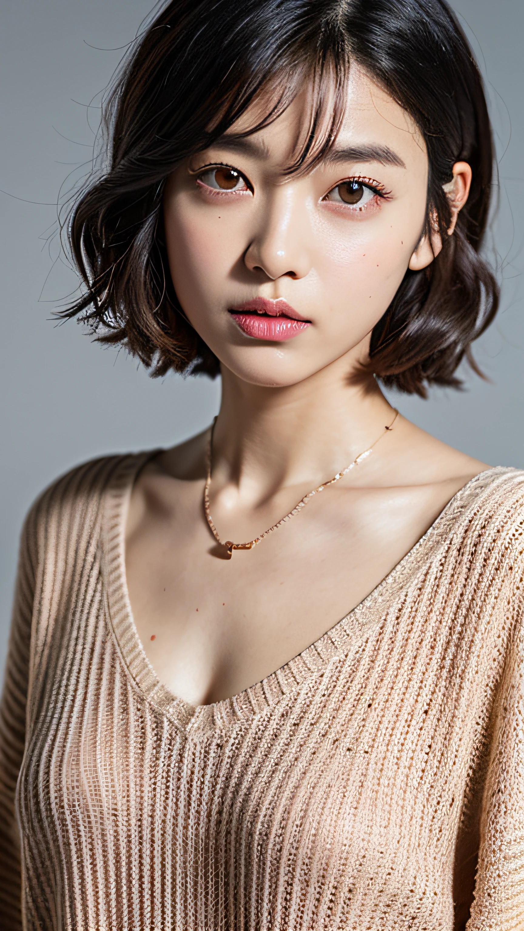 (Best quality, 8k, 32k, Masterpiece, UHD:1.2),Photo of Pretty Japanese woman, large breasts, very short bob hair,upper body,face focus,oversized_sweater, necklace, simple background, from above, looking at viewer,