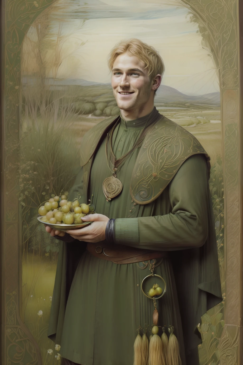 (((Pre-Raphaelite Celtic Painting of Blonde Man's Short Hair, Eat gooseberries in celebration, Groselheira, gosto, Comer, banquete, paisagem celta, Floresta encantada, sorriso)))