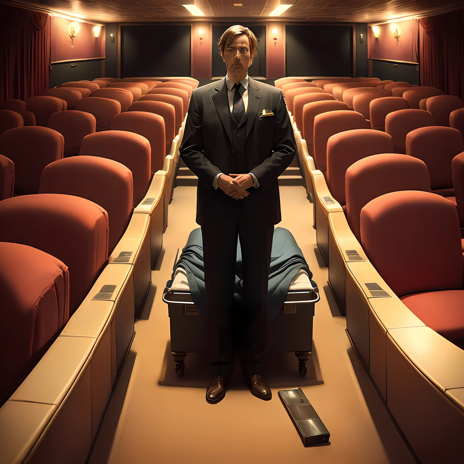 A movie theater with a dead body on every chair and a detective standing above them.
The photo space is cinematic and artistic