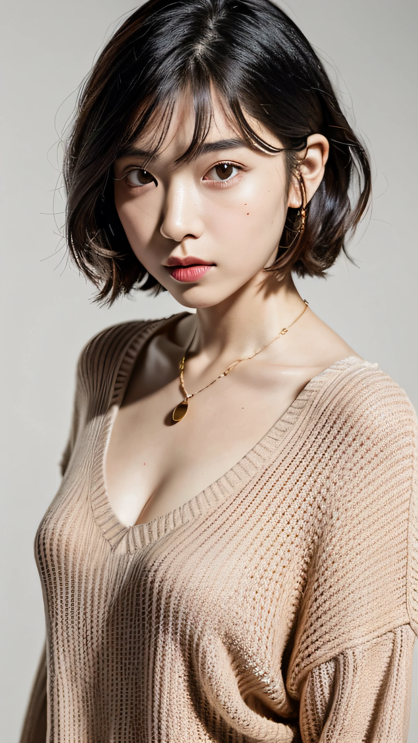 (Best quality, 8k, 32k, Masterpiece, UHD:1.2),Photo of Pretty Japanese woman, large breasts, very short bob hair,upper body,face focus,oversized_sweater, necklace, simple background, from above, looking at viewer,