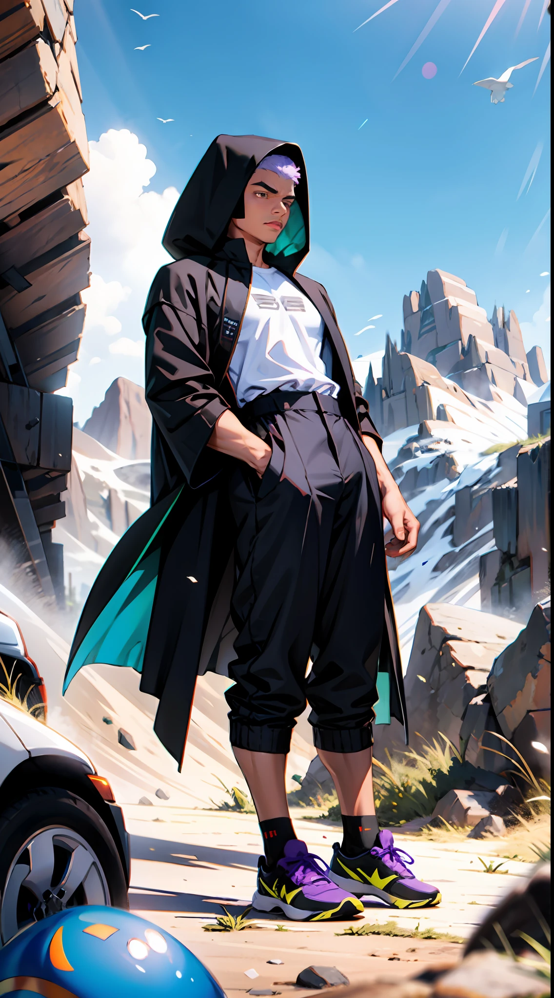 Young male,Strong,Rogue costumes,brown buzzcut_cut,grey shirt,Black pantsuit,(Short black socks:1.8),athletic sneakers,a black cloak,Purple shoes,perfect eyes,Lots of mountains