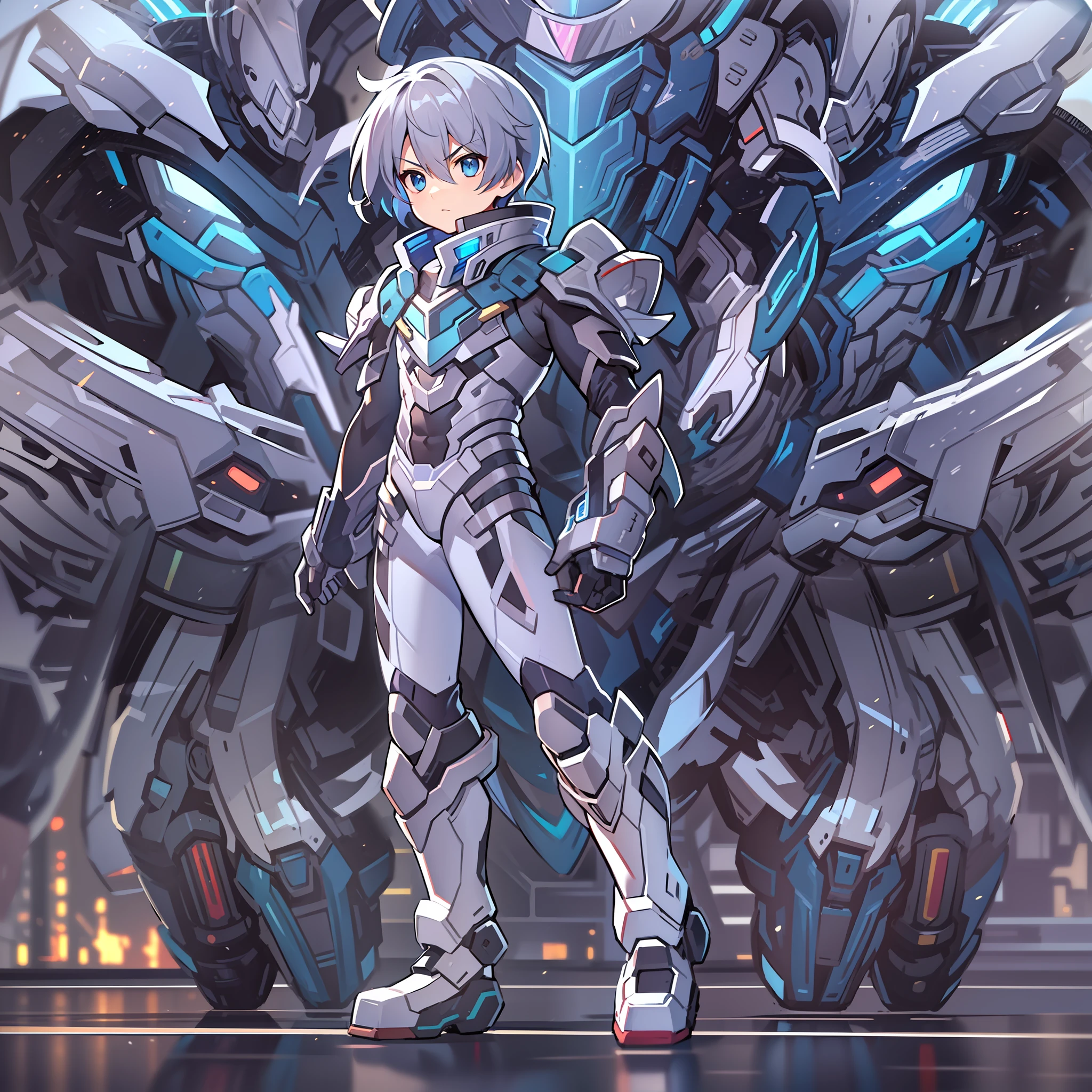 Game CG,8K quality,((younge boy)),Sense of childhood,Anime male protagonist,Mecha Face Armor,Serious eyes,Silver-blue dye,mechasuit,Armoured gloves,Racing boots,commando,Light effects,Full body like,Look into the distance,Single