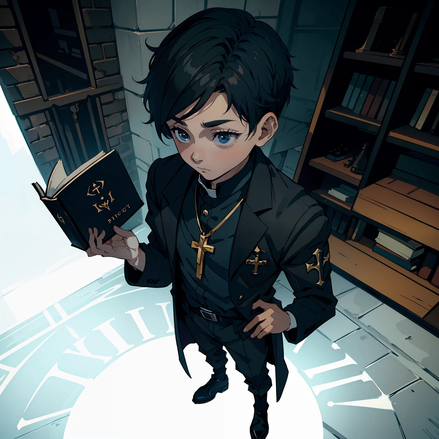 boy with short hair wearing a priest's outfit holding a book, serious look, with lots of dark circles under his eyes, character with macabre aesthetics, full body