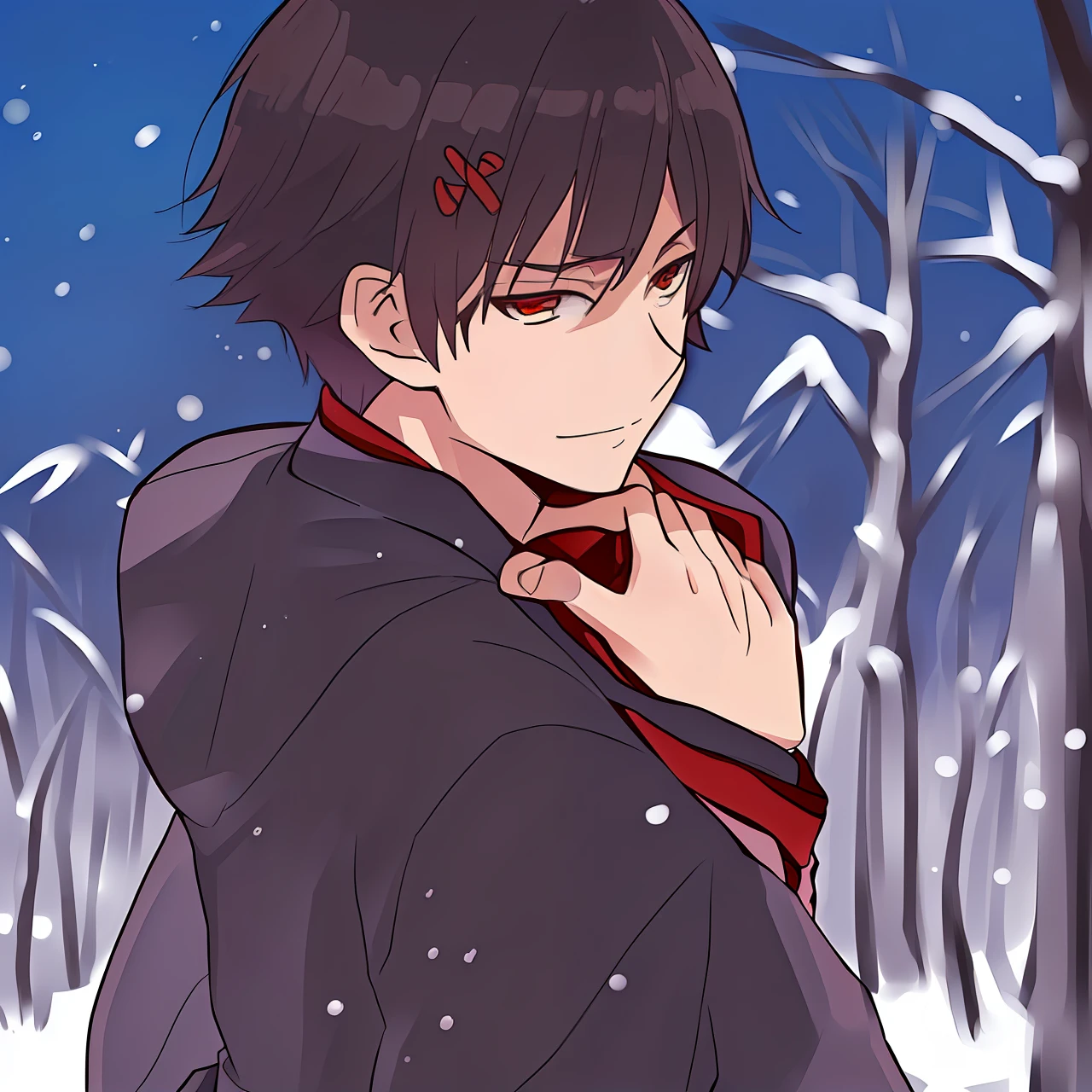 Anime boy in winter clothes standing in snowy forest, gapmoe Yandere, anime moe art style, High Quality Anime Art Style, handsome guy in demon killer art, Anime boy, Male anime style, young anime man, Yandere, anime art style, Handsome anime pose, anime wallaper, in an anime style, shuushuu anime image, Snowy bamboo forest in winter with anime style，A teenager with a sword on his back，Vertical painting shadows，Bad laughs