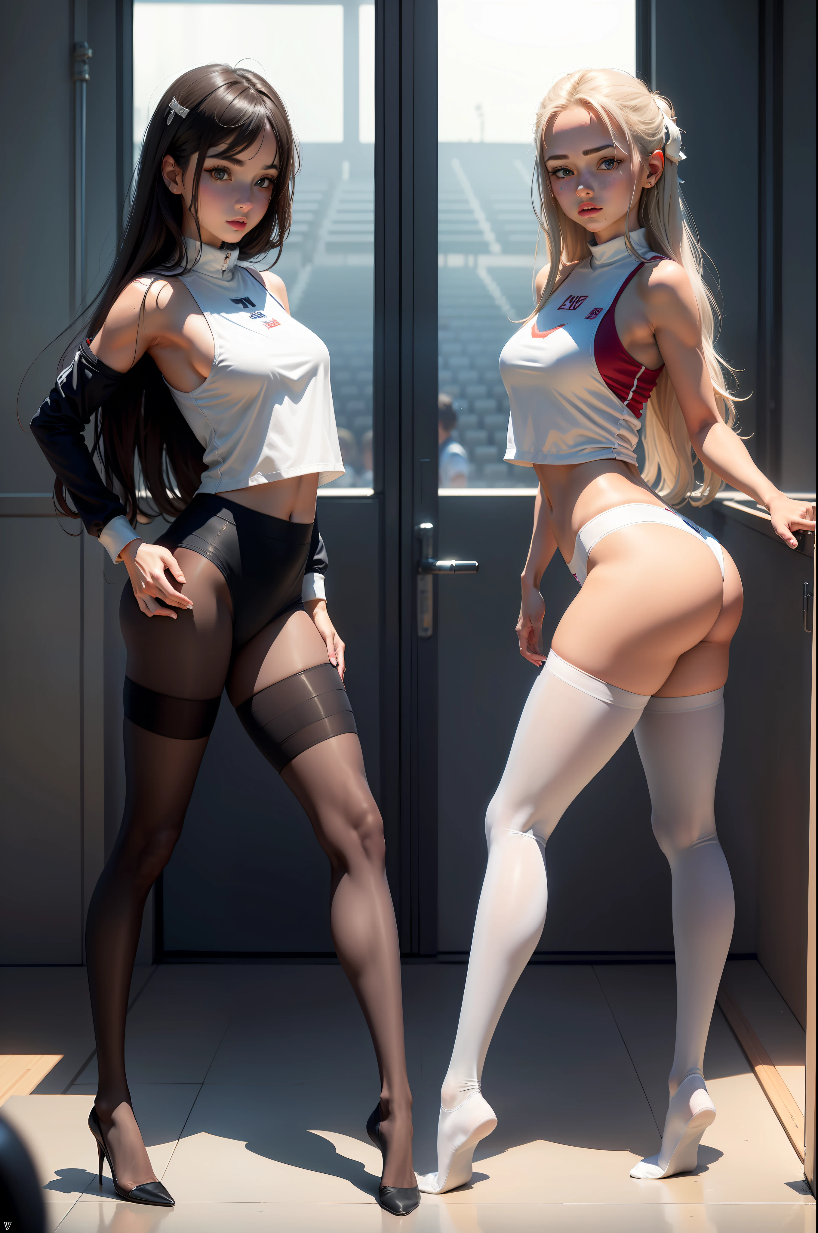 tmasterpiece,best qualtiy:1.4),Smooth movement,(2girls),(highest details),lacepantyhose,without wearing shoes,Whole body diagram,vests,stadio,Football matches,Players,Contestants,peeping at the viewer,Large viewing angle,sex
