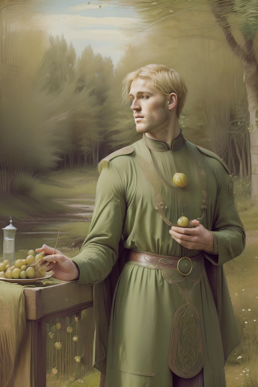 (((Pre-Raphaelite Celtic Painting of Blonde Man's Short Hair, Eat gooseberries in celebration, Groselheira, gosto, Comer, banquete, paisagem celta, Floresta encantada, sorrir, contraste)))