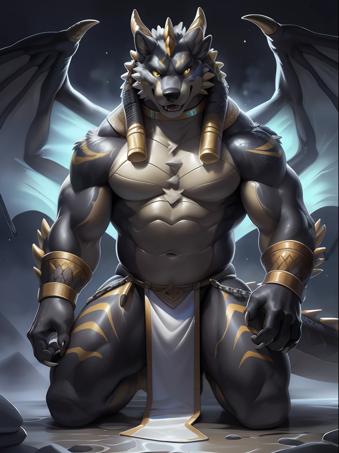 Solo, Male, (Muscular), sacrifices, (male anthro wolf):1.3, Pure black body,Kneel, (Kamimei):1.3, (komono:1.4) (DOA):1.23, (, The pure white loincloth is worn off，white bathrobe）, Detailed eyes, lizard tail,A pair of dragon horns, A pair of dragon wings，((half-body portrait)), (Detailed eyes, One yellow eye has always been red, Black skin，Yellow stripes，Sharp claws，Cute beast claws，drools，Fluid spills from the lower body，Milk spilled all over the floor，Egyptian costumes，Egyptian totem，Abinus，glowing light eyes):1.1, (exteriors:1.35), altar, firey, fumo, In the bath, the night,foggy atmosphere， Be red in the face，Kneel，Collar，Cages，Chains bind hands and bodies，submit to，drunk，enjoying，looking to the camera，having fun（Particle，glowworm，blue glowing）：1.3，detailedbackground，realisticlying，realistic hand，8k hdr，（Dark shadows，Wide dynamic range，hdr，low-light：1.2），author（pino daeni，（author：by ruaidri），author：virtyalfobo）