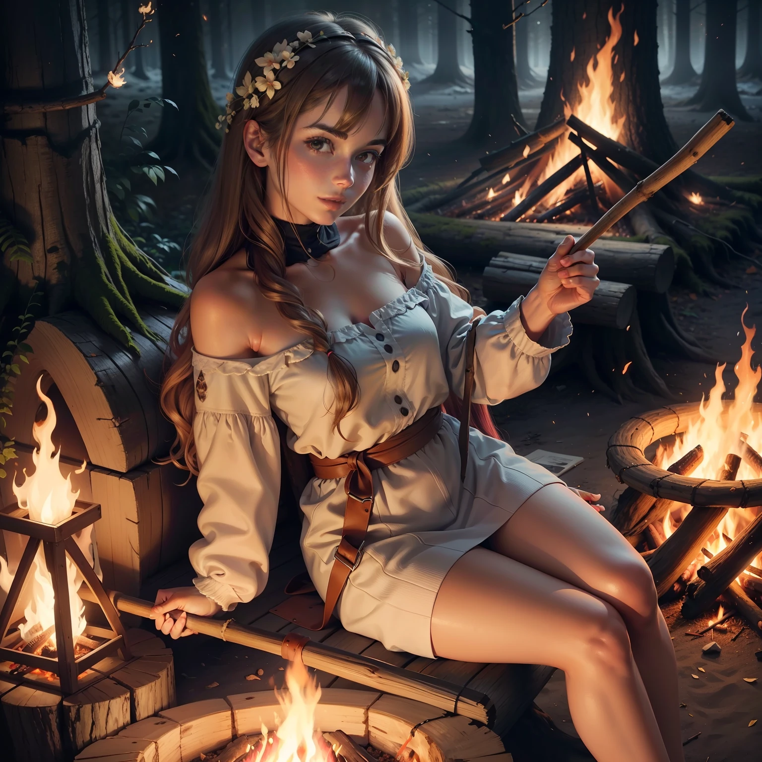 top quality, masterpiece, ultra high resolution, beautiful woman sitting by a log, supporting her head with her hand and having her elbow on her thigh, holding a stick with a marshmallow in it, pointing it at the campfire, with a soft smile on a campfire in front of her, looking at marshmallow, bloom
