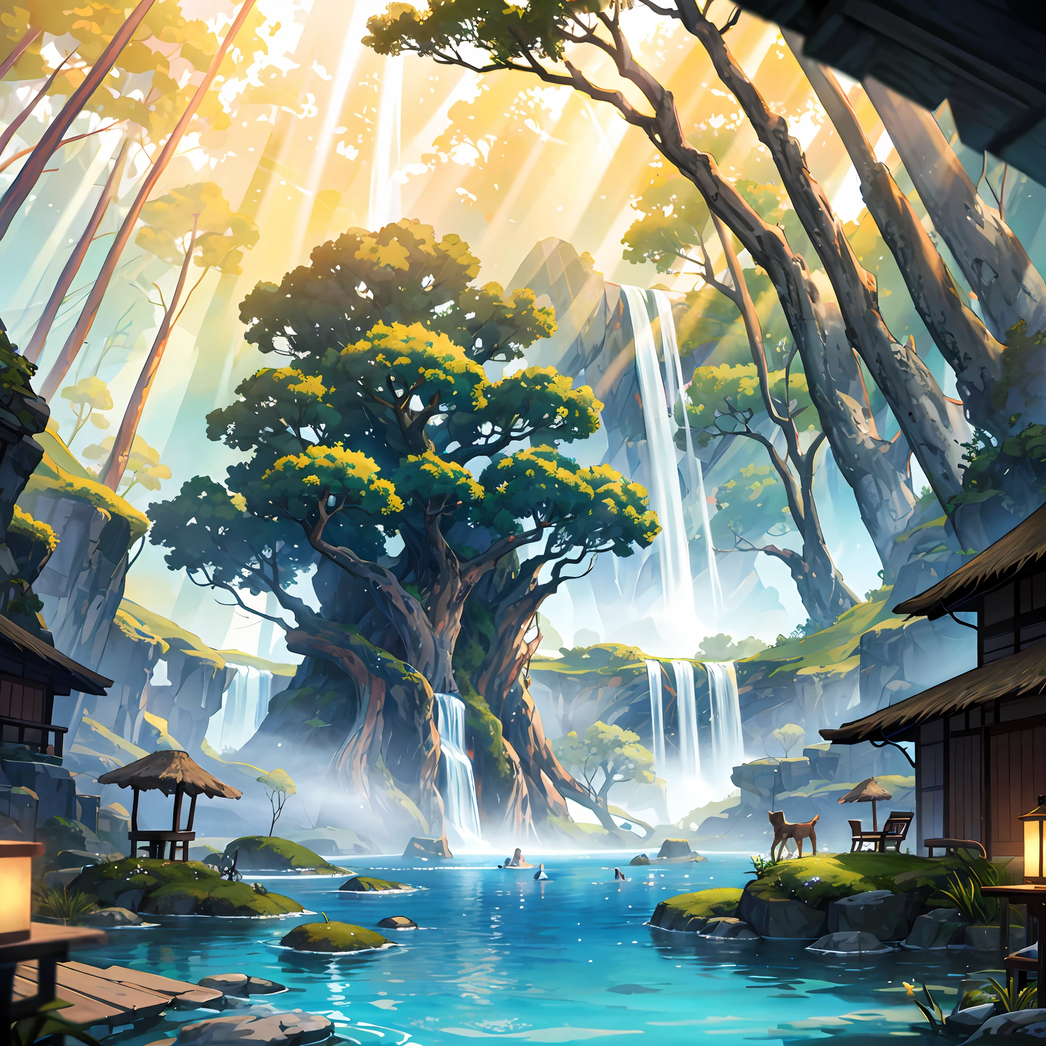 There is a huge ancient tree in the middle of the picture、The leaves emit a golden glow(Glowing ),thatched hut、springtime、jungles、lakes、waterfallr、grassy fields、Rochas、hot onsen、hydrosphere、surrounded by cloud,(illustratio:1.0)、Epic composition、Realistic lighting、high definition detail、tmasterpiece、Best quality,(非常详细的 CG 统一 8k 壁纸)