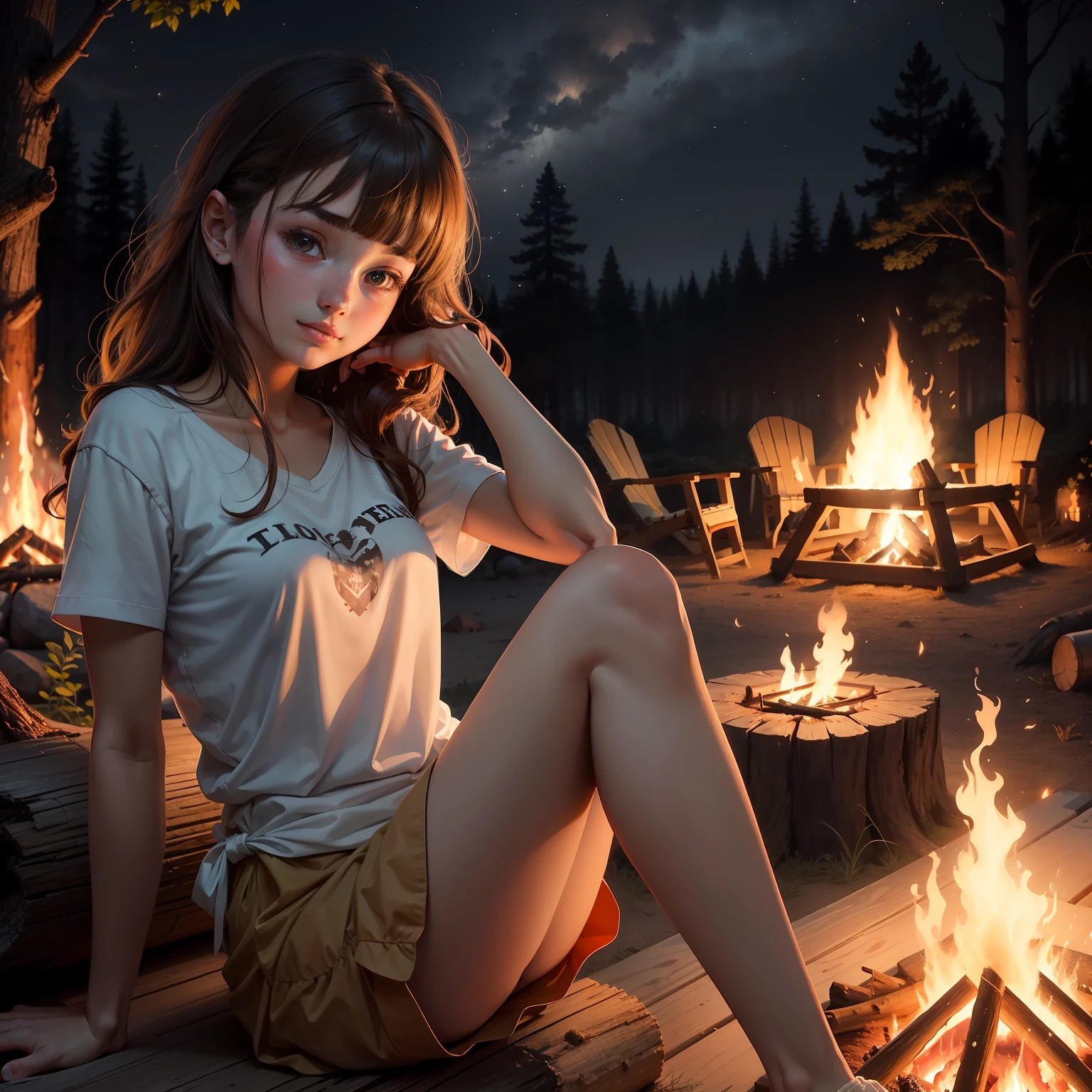 top quality, masterpiece, ultra high resolution, girl sitting by a log, supporting her head with her hand and having her elbow on her thigh, heating up a marshmallow with a soft smile on a campfire in front of her, looking at marshmallow, bloom, night time, dark sky, light from campfire