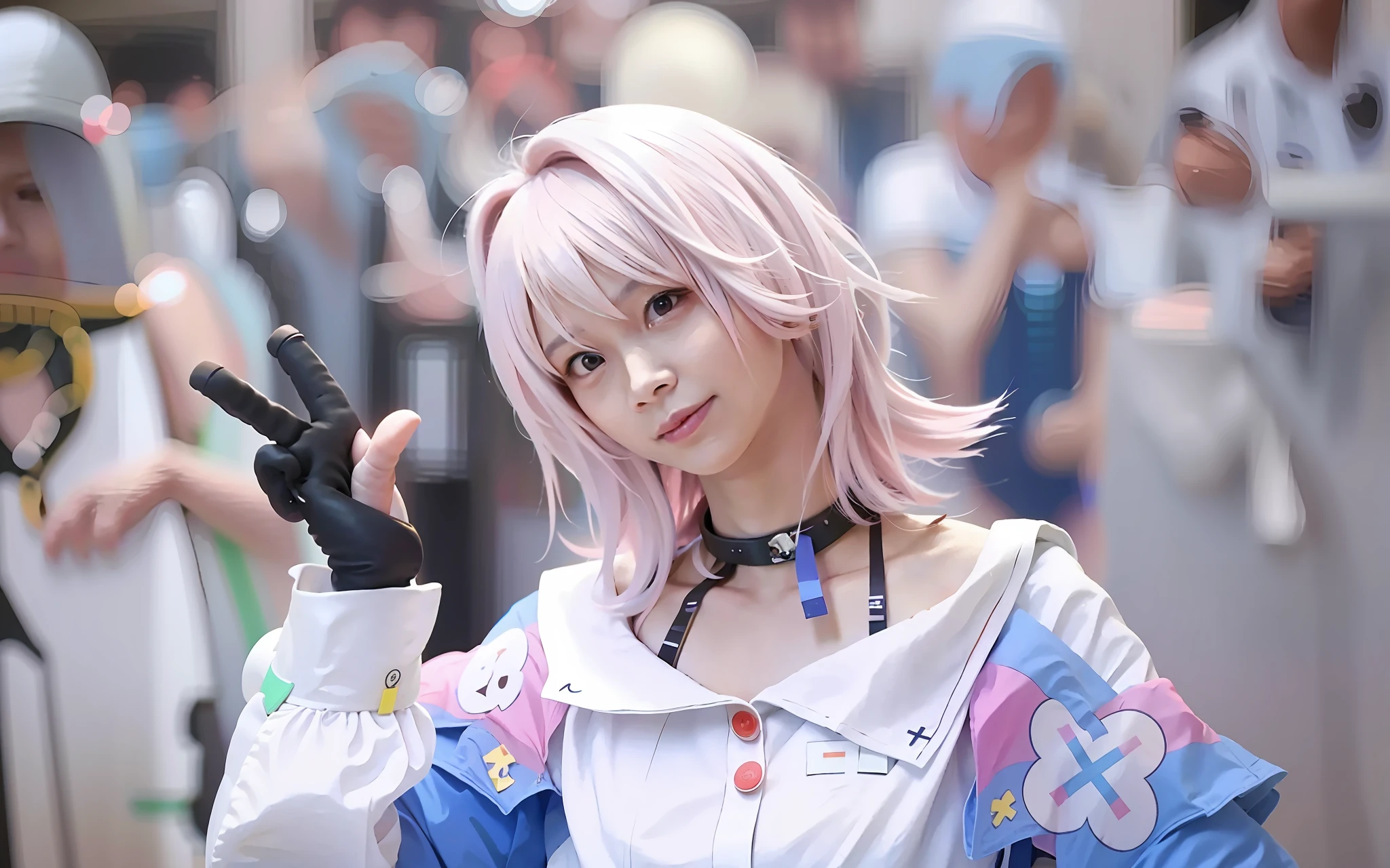 There is a woman with pink hair and a white shirt holding a peace sign, Anime girl cosplay, Anime cosplay, rpgmaker,cosplay, professional cosplay, Anime girl in real life, anime figure,cosplay foto, full-cosplay, anime figure,David Tao