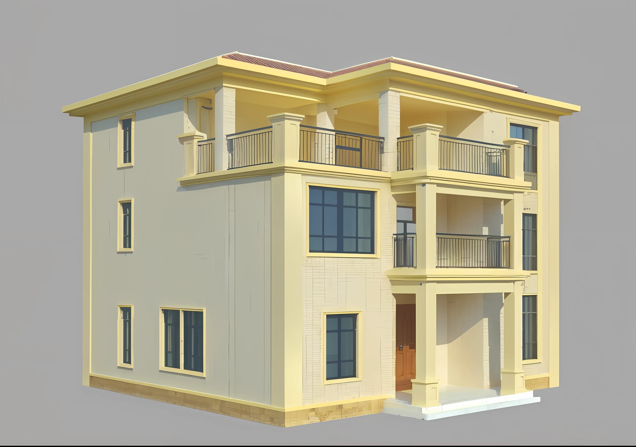 On the second floor there is a balcony and a balcony of the Araffard building, 3 d models, 3 d model, realistic building, 3 d highly detailed, 3d highly detailed, 3D model, 3 d model, an extremely detailed building, 3D rendering of, 3 d rendered, Single building, casa completa, Realistic 3D models, 2 d cg