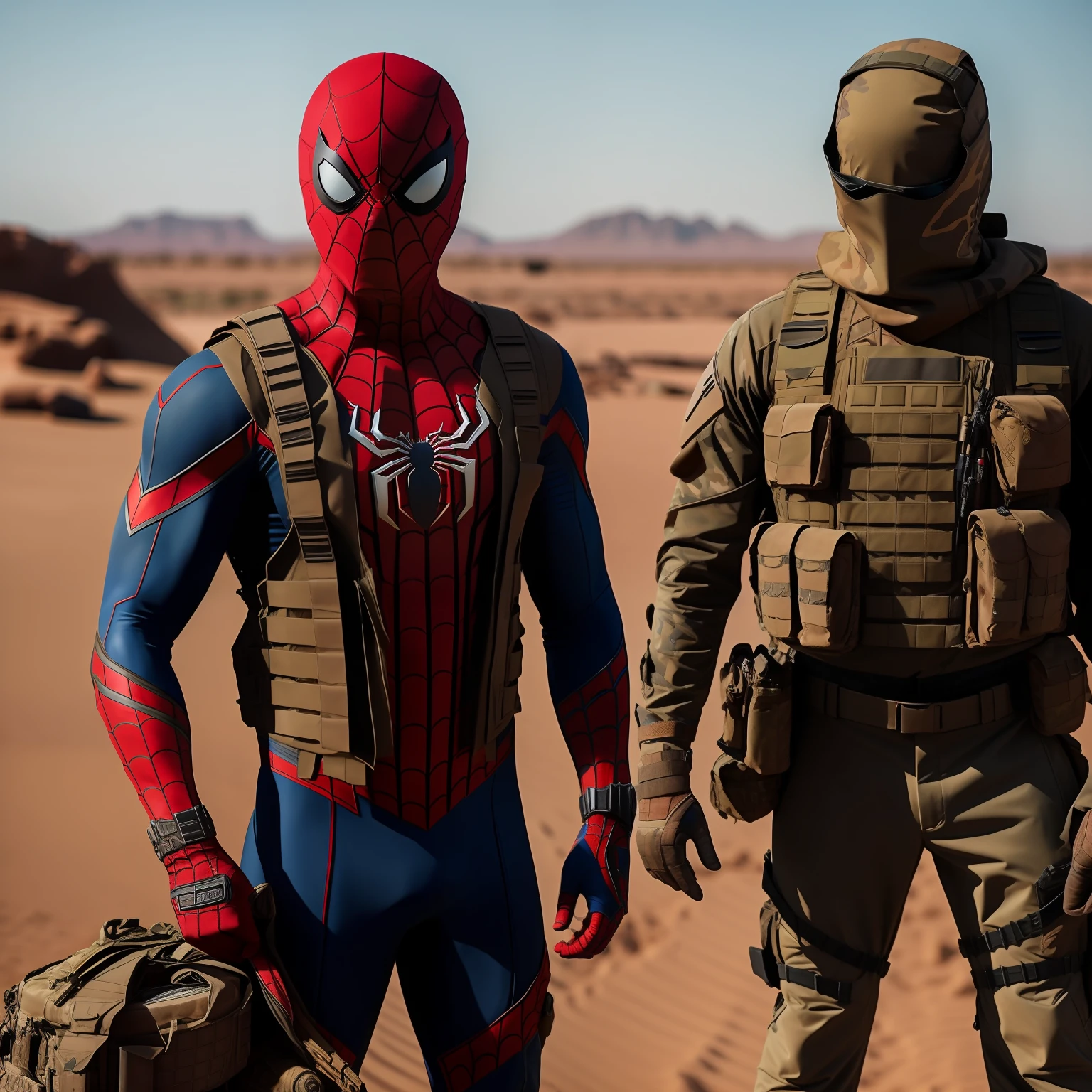 spider-man、Dirty.、Brown suit、A desert、Inspired by the army、Camouflage pattern、Bulletproof vest、bandana、military outfits、to stand、high detal、realisitic、Armor、masterpiece、top-quality