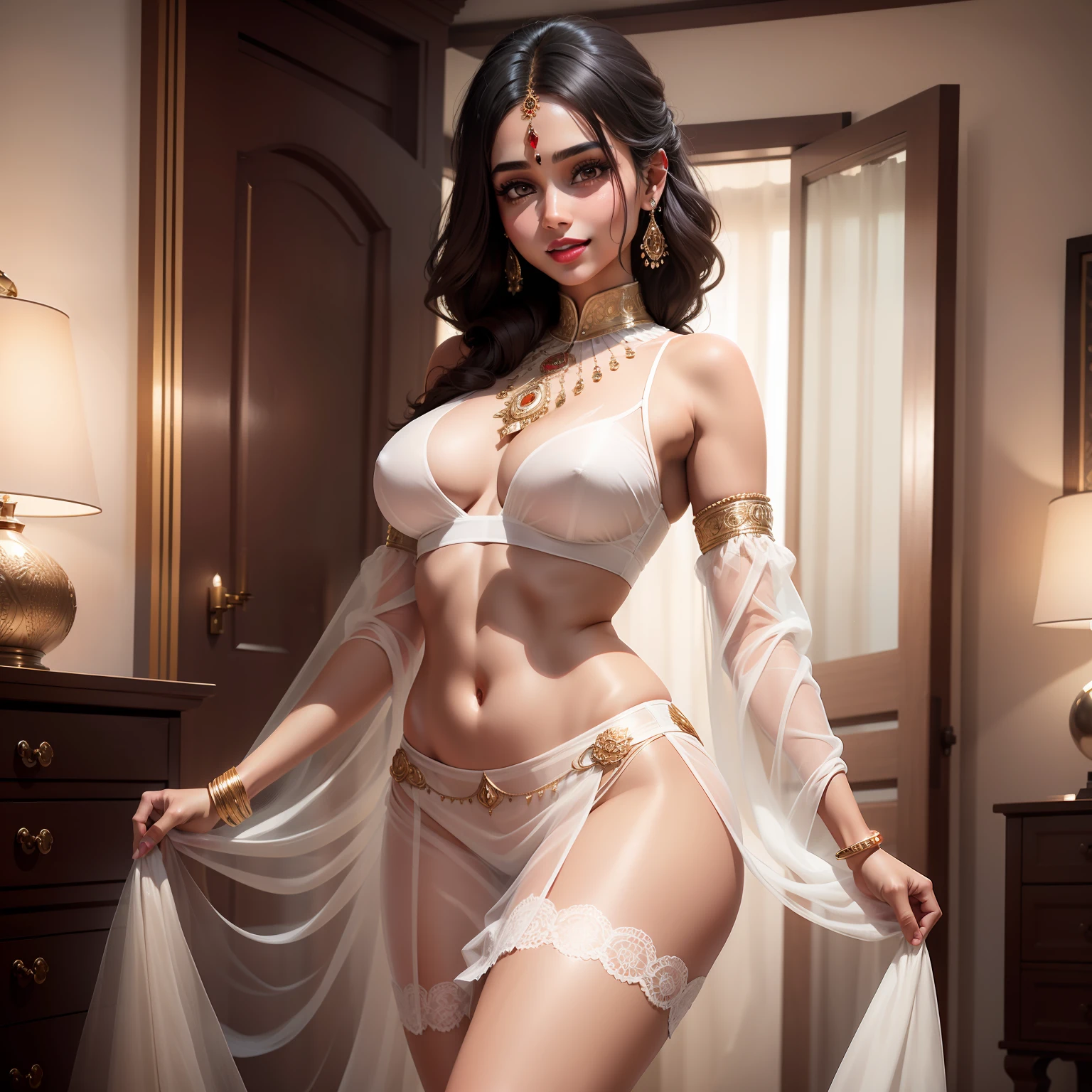 8k ultra-realistic, A Beautiful Indian girl, (Transparent : 99%), Detailed eyes, red lips, smiling face, medium breasts, see-through luxury Mini round skirt white, see-through luxury bra white, detailed body, located in a luxury room,
