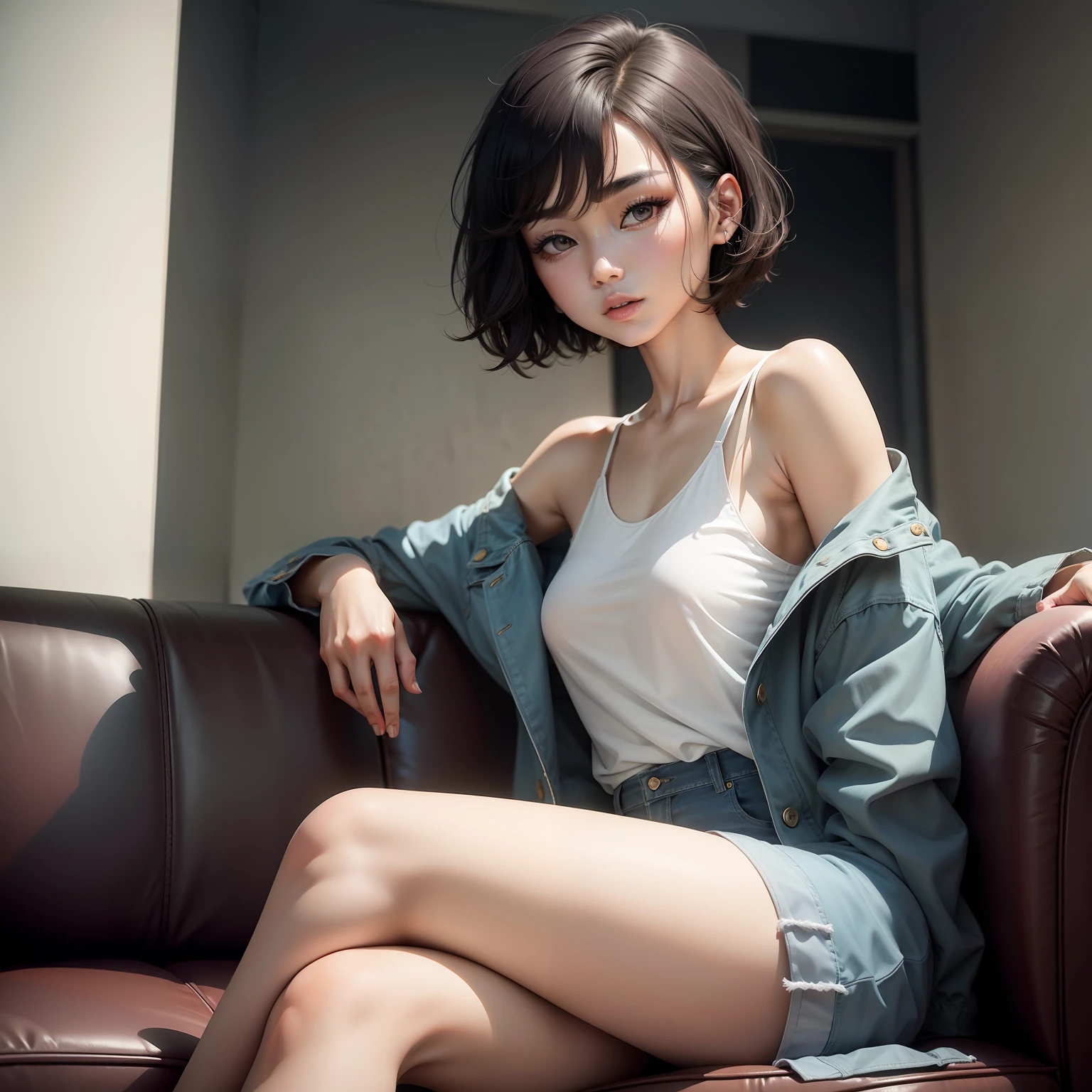 Background concrete Korean Hair short-hair a beauty girl Korean Idol Fashion Street Fashion Gentle beautiful girl in her 20s Model Pose Sit on the sofa