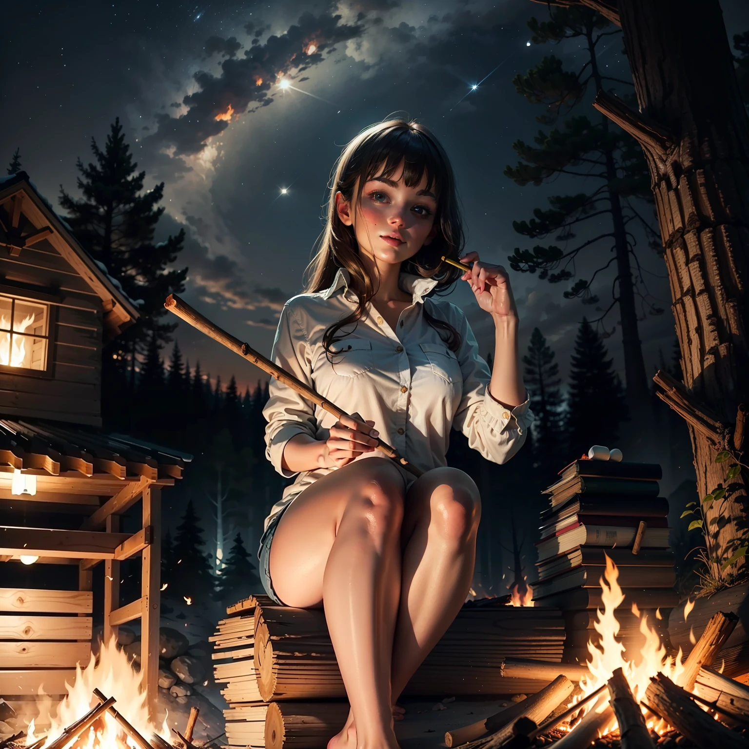 top quality, masterpiece, ultra high resolution, beautiful woman sitting by a log, supporting her head with her hand and having her elbow on her thigh, holding a stick with a marshmallow in it, pointing it at the campfire, with a soft smile on a campfire in front of her, looking at marshmallow, bloom, night time, dark sky